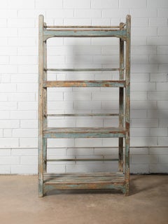Rustic Open-Frame Distressed Blue Wooden Storage Shelf