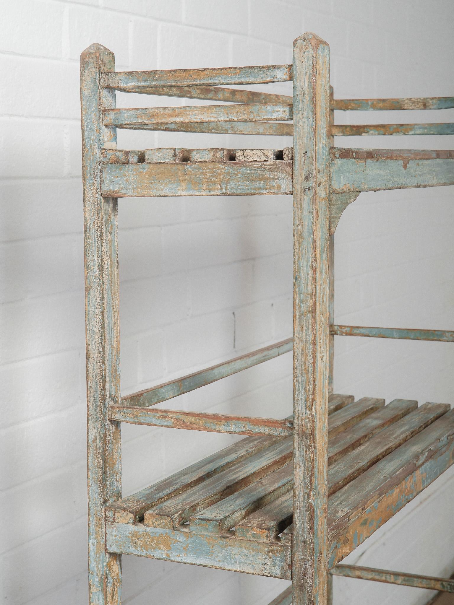 Painted Rustic Open-Frame Distressed Blue Wooden Storage Shelf For Sale