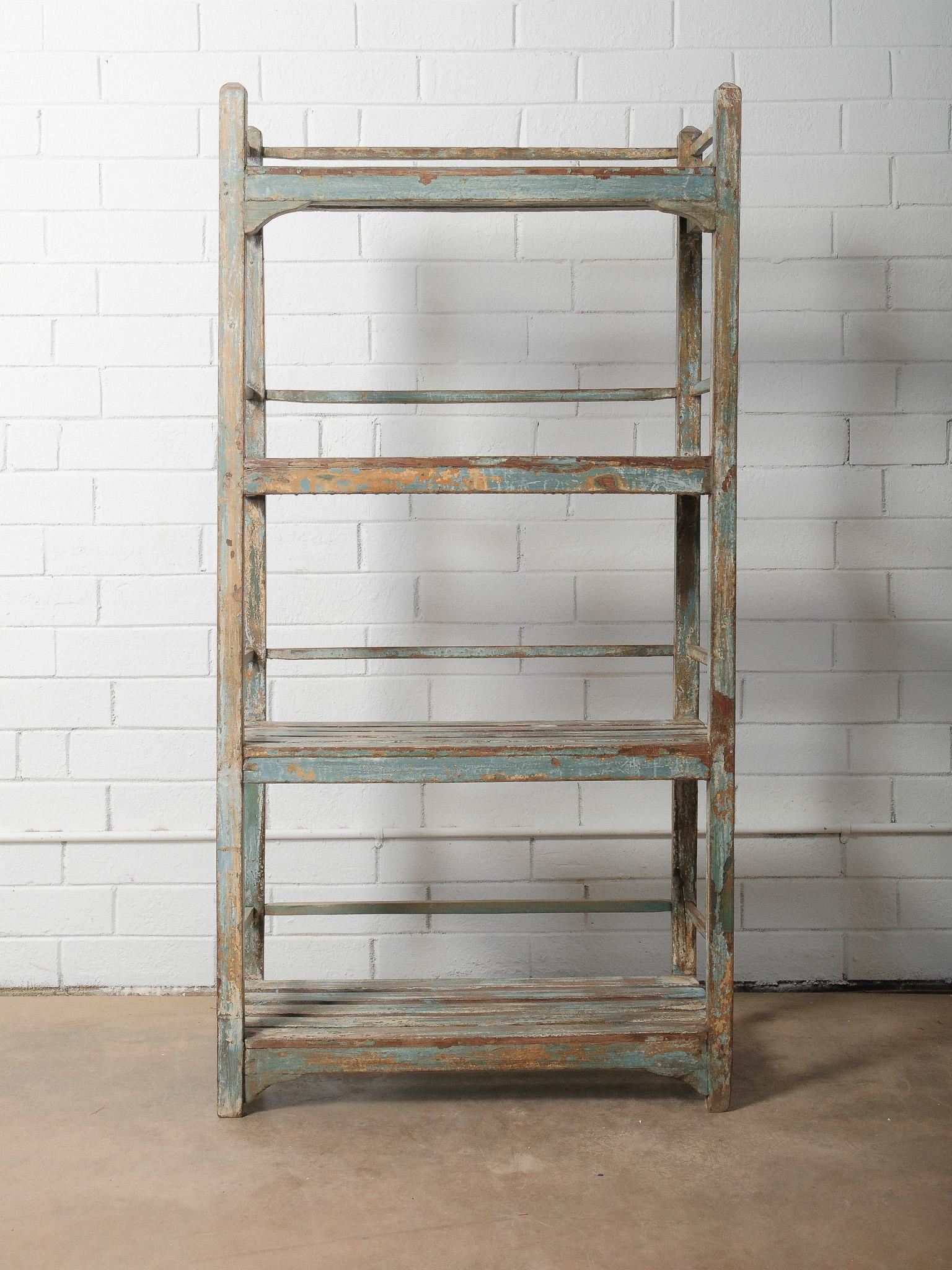 20th Century Rustic Open-Frame Distressed Blue Wooden Storage Shelf For Sale