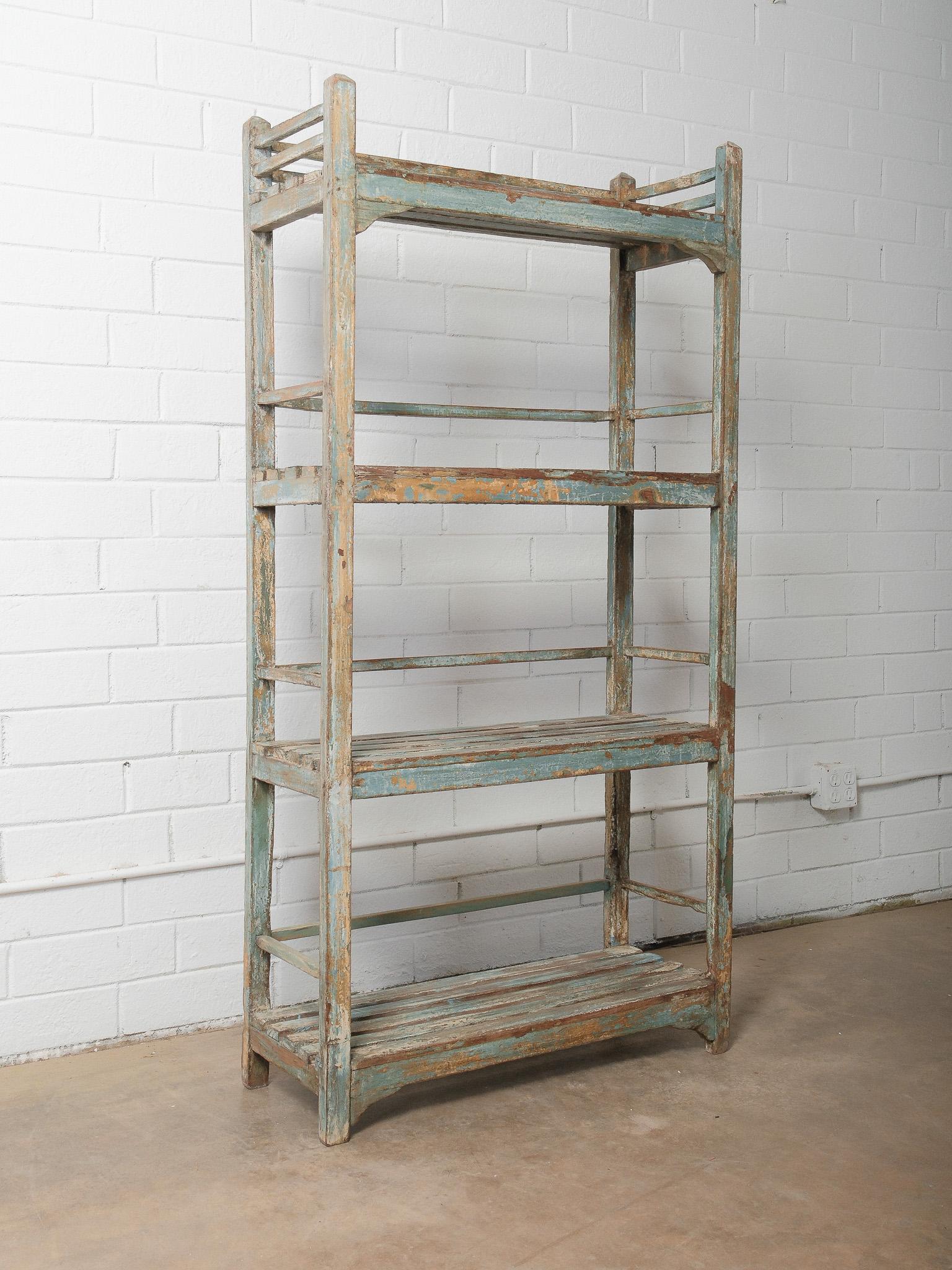 Rustic Open-Frame Distressed Blue Wooden Storage Shelf For Sale 1