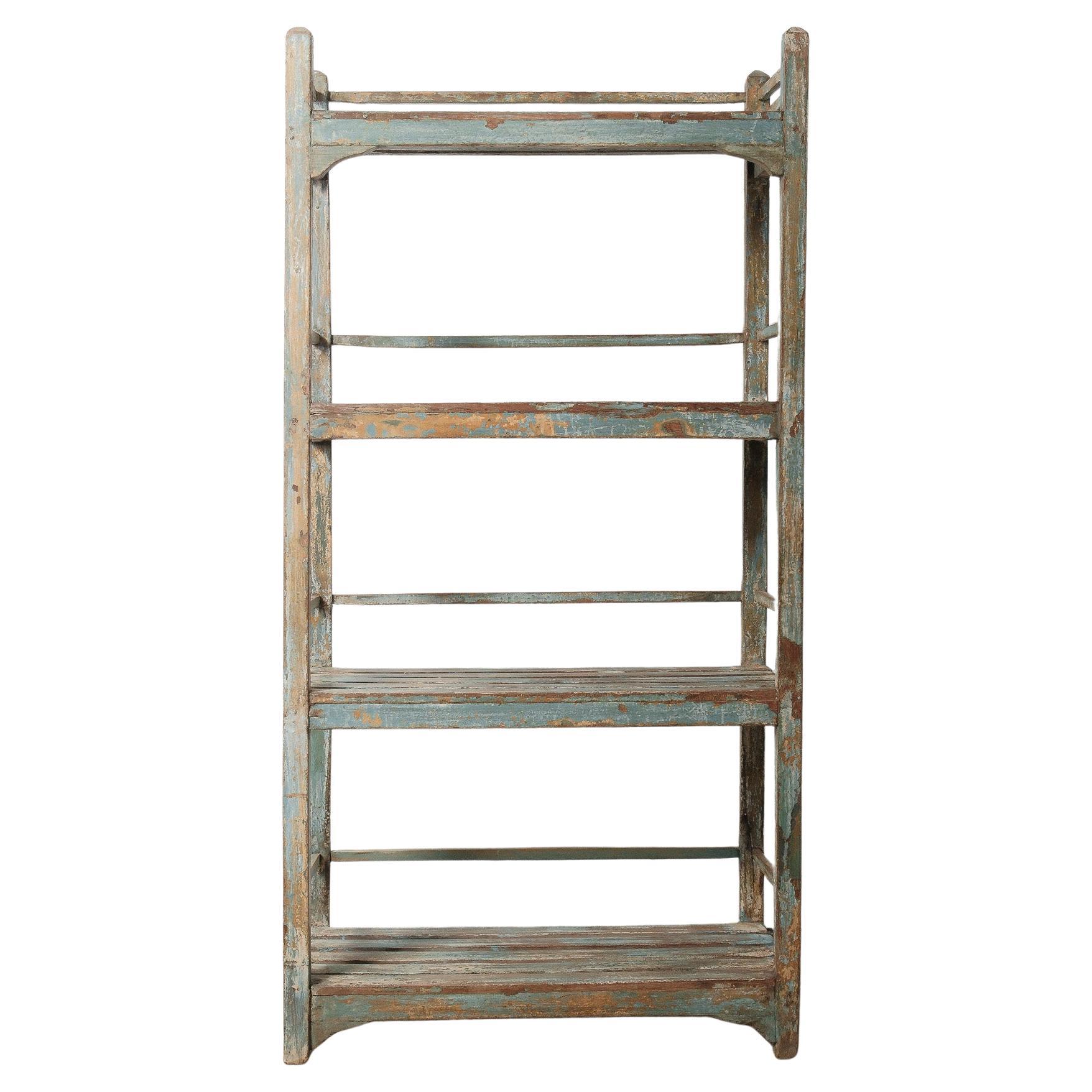 Rustic Open-Frame Distressed Blue Wooden Storage Shelf For Sale