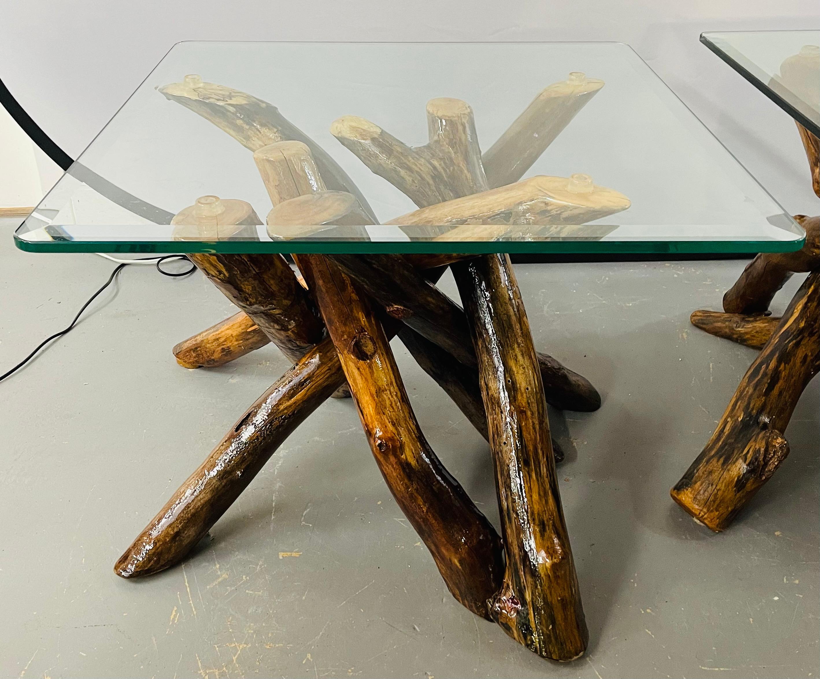 Rustic Organic Design Maple Log Wood Side or End Table with Glass Top, a Pair In Good Condition In Plainview, NY