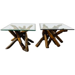 Retro Rustic Organic Design Maple Log Wood Side or End Table with Glass Top, a Pair