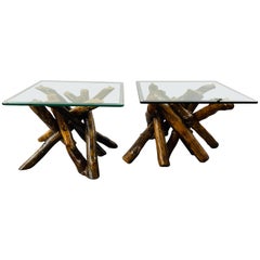 Rustic Organic Design Maple Log Wood Side or End Table with Glass Top, a Pair