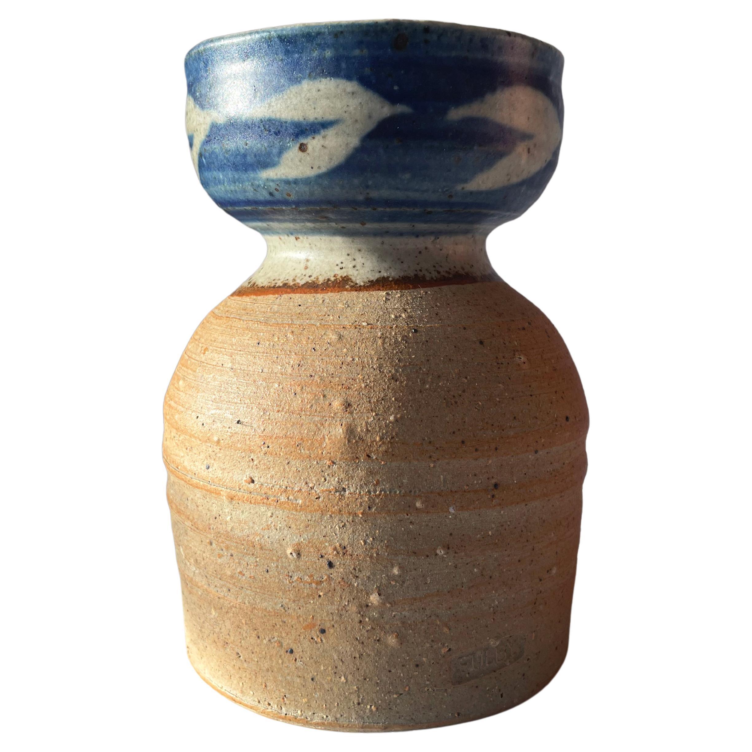 Rustic Organic Modern Blue Decor Ceramic Handmade Danish Vase, 1970s For Sale