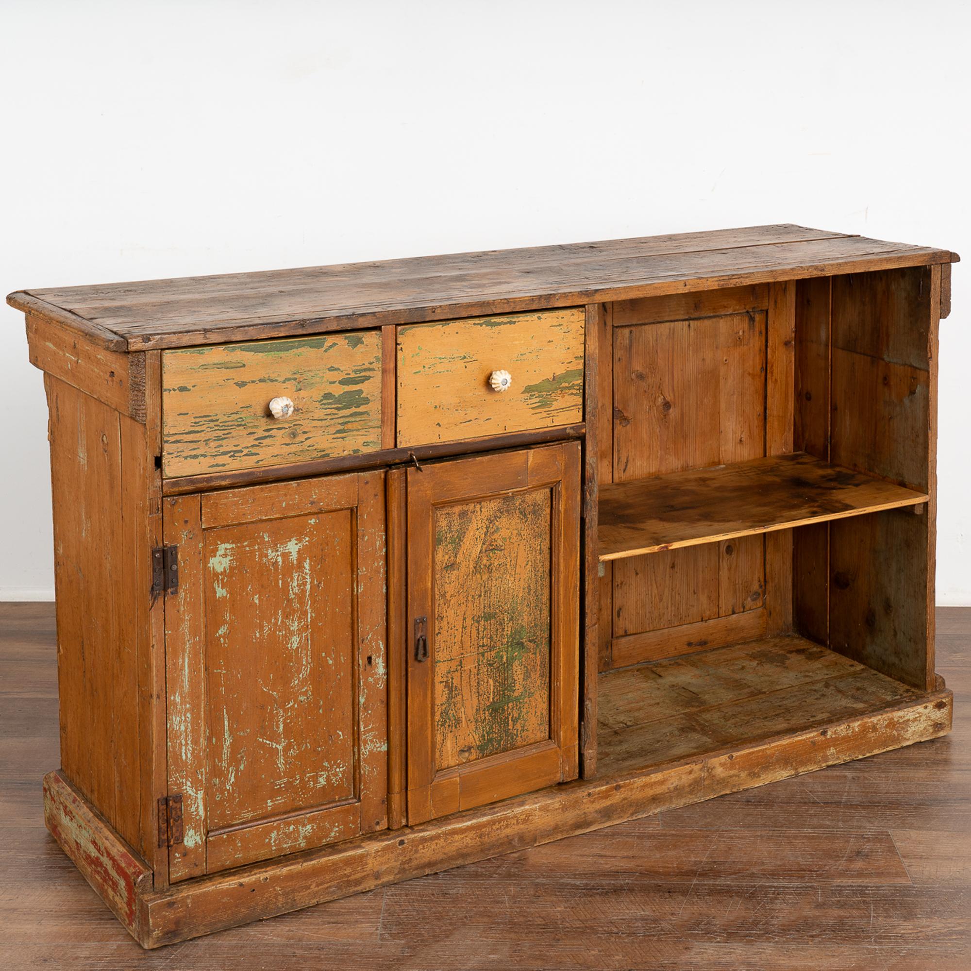 Rustic Original Painted Shop Counter Kitchen Island, Hungary circa 1880 In Good Condition In Round Top, TX