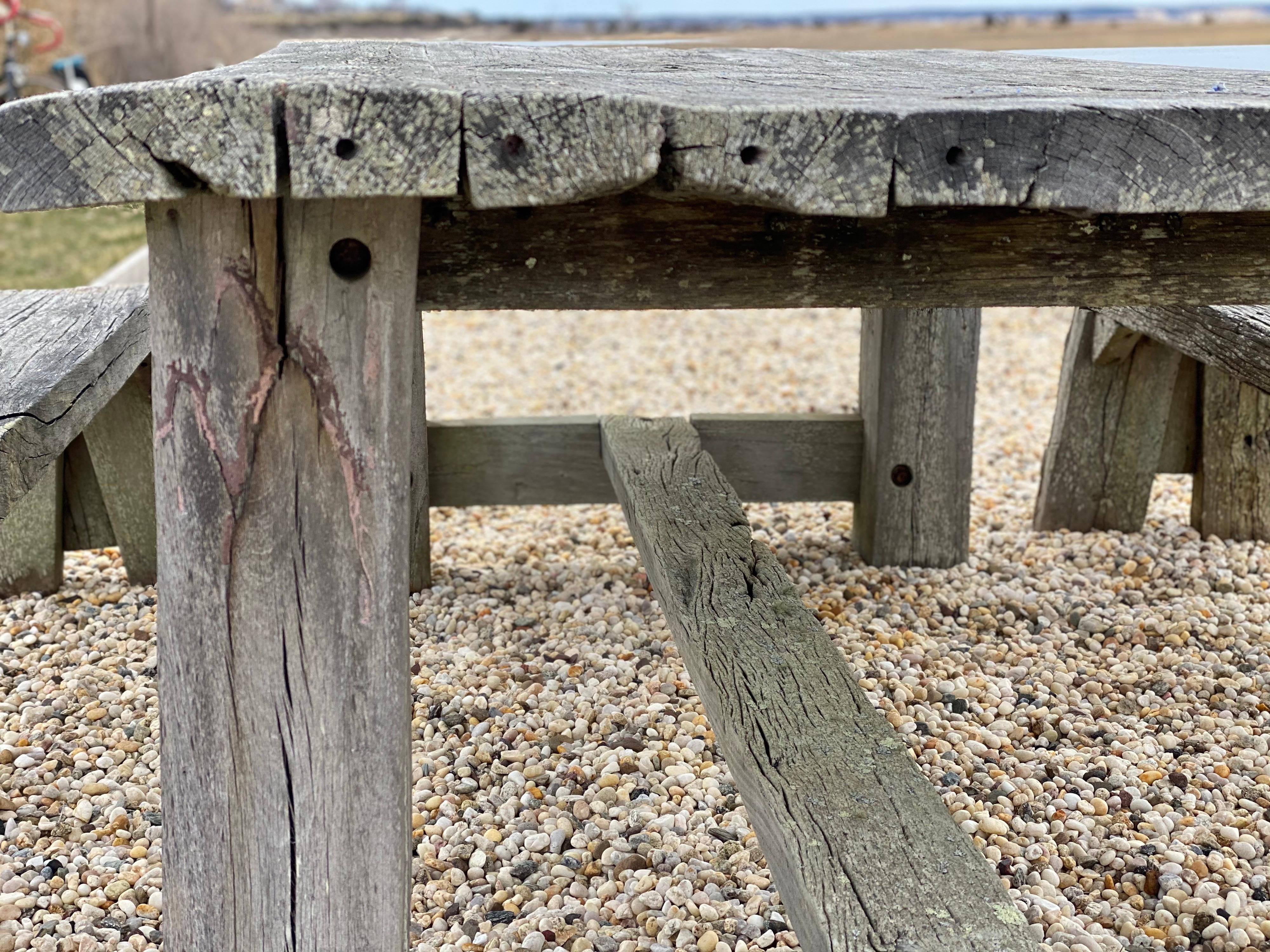 Rustic Outdoor Timber Farm Table and Benches In Fair Condition For Sale In Southampton, NY