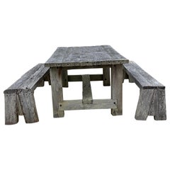 Mesa y bancos rústicos de madera para exterior