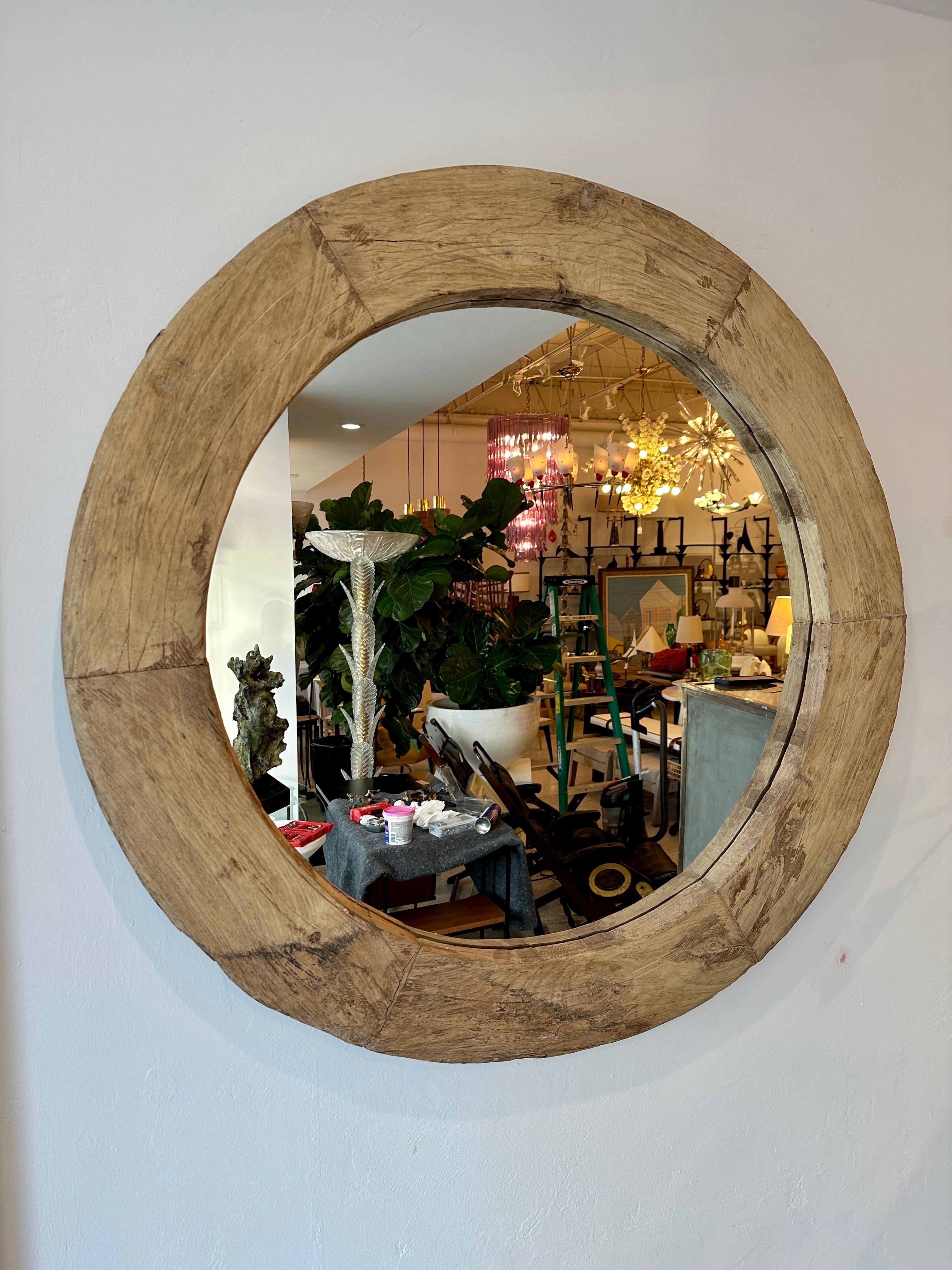 French Rustic Oversized Wood Framed Mirror For Sale