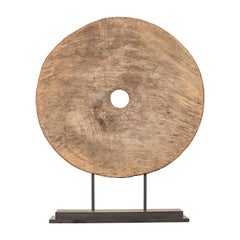 Rustic Ox Cart Wooden Wheel from Thailand, Mounted on Black Painted Base