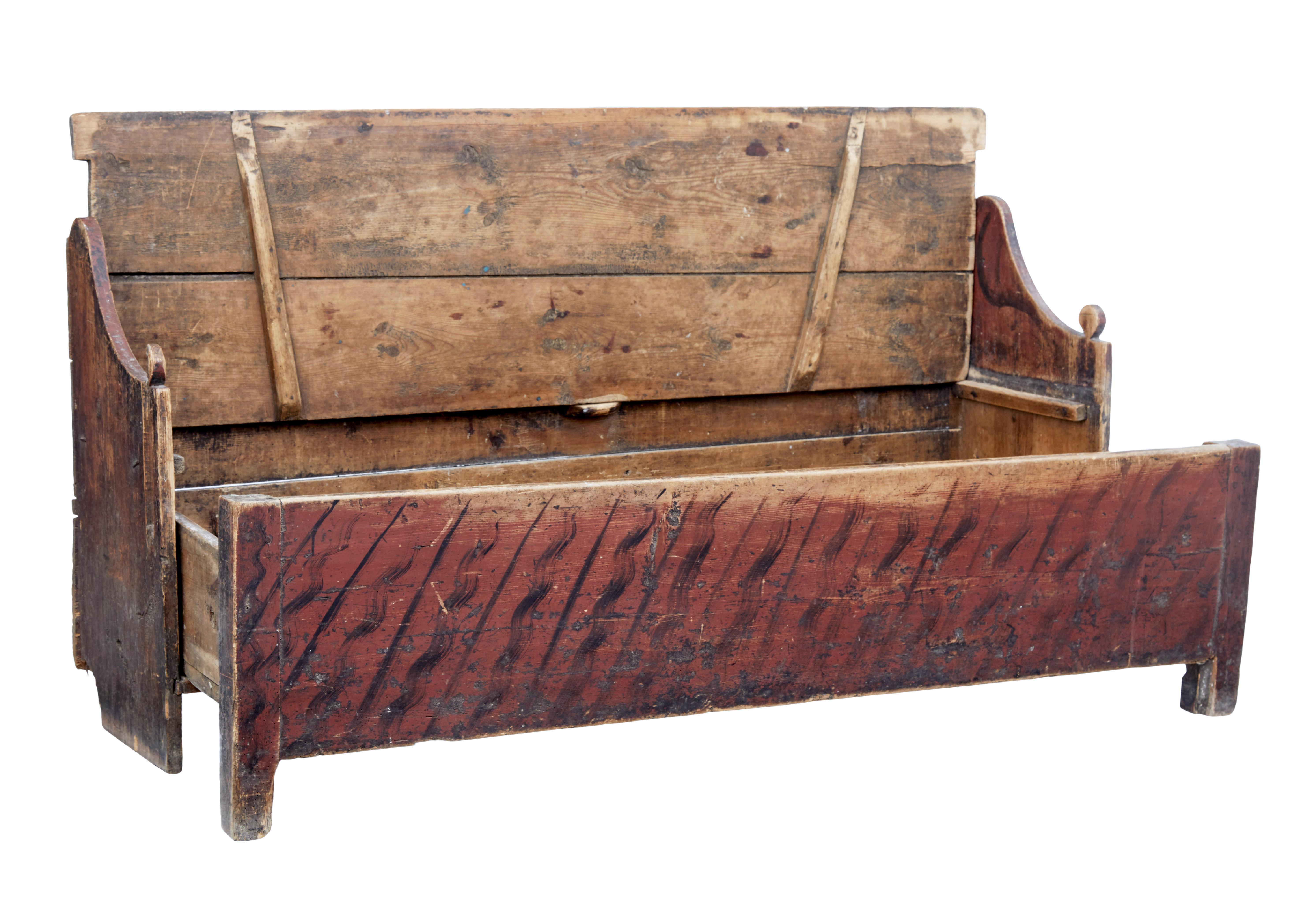 Hand-Painted Rustic Painted 19th Century Swedish Pine Bench