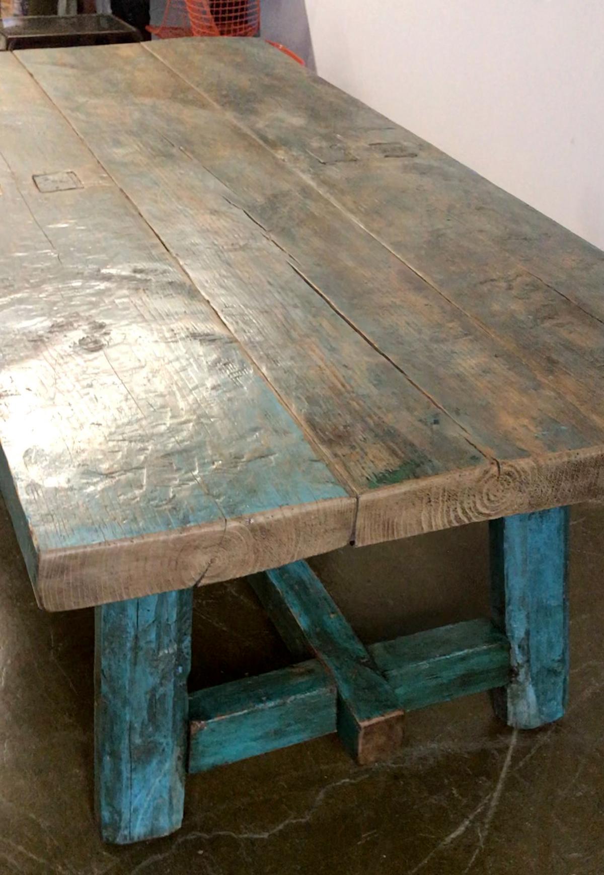 Rustic Painted Antique Farm Table In Good Condition For Sale In Los Angeles, CA