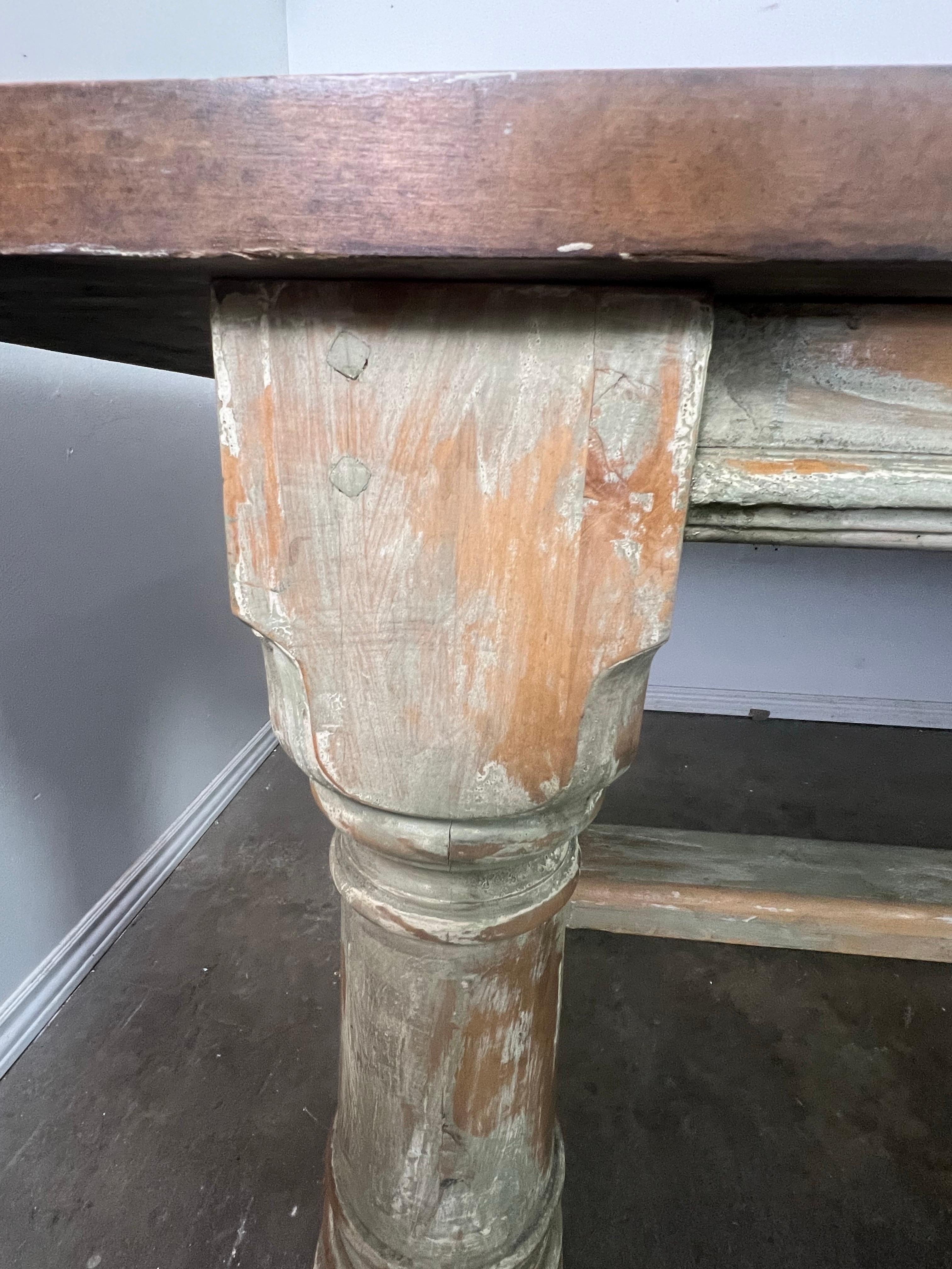 Rustic Painted Dining Table w/ Herringbone Pattern Top For Sale 4