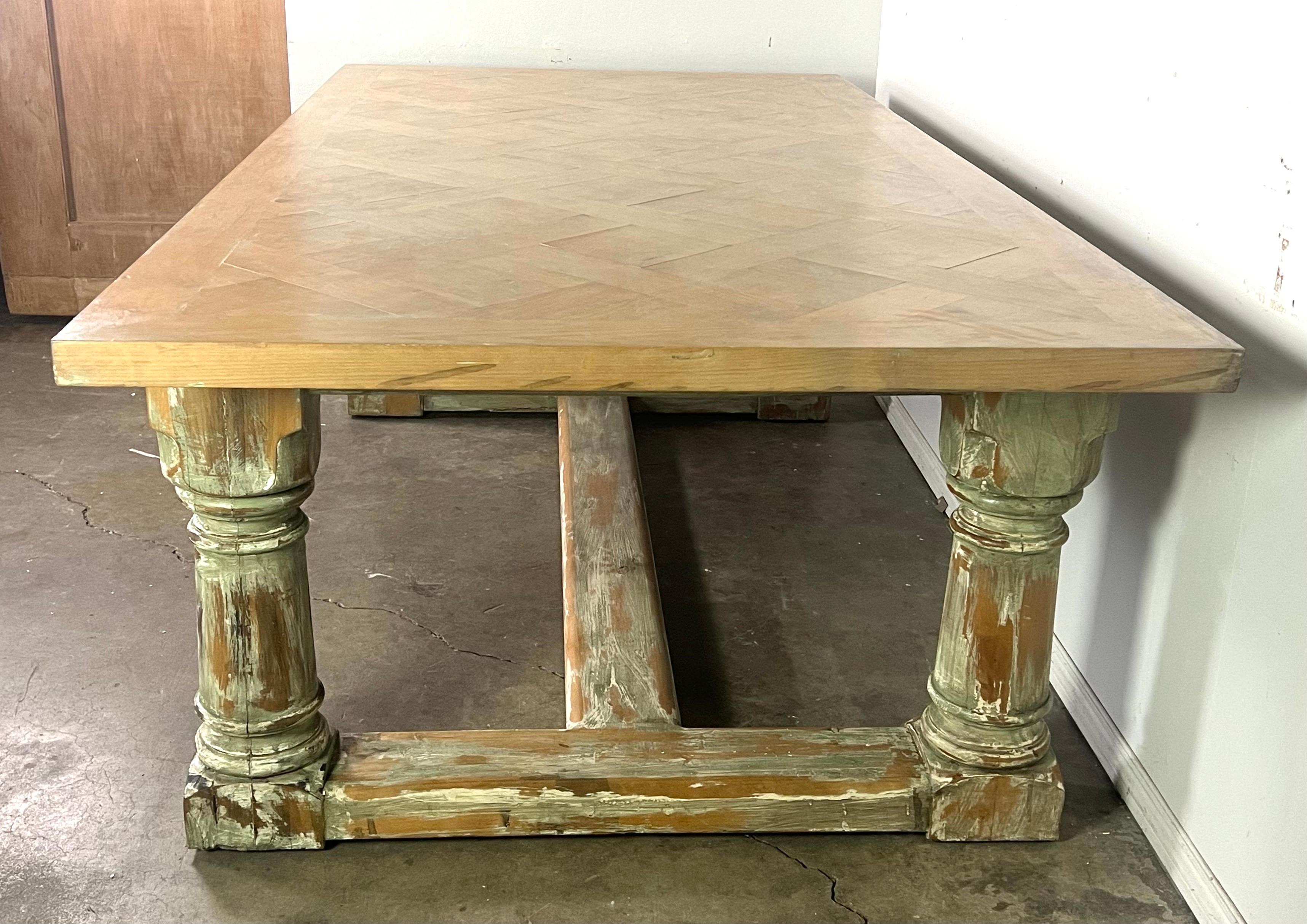 Rustic Painted Dining Table w/ Herringbone Pattern Top For Sale 5