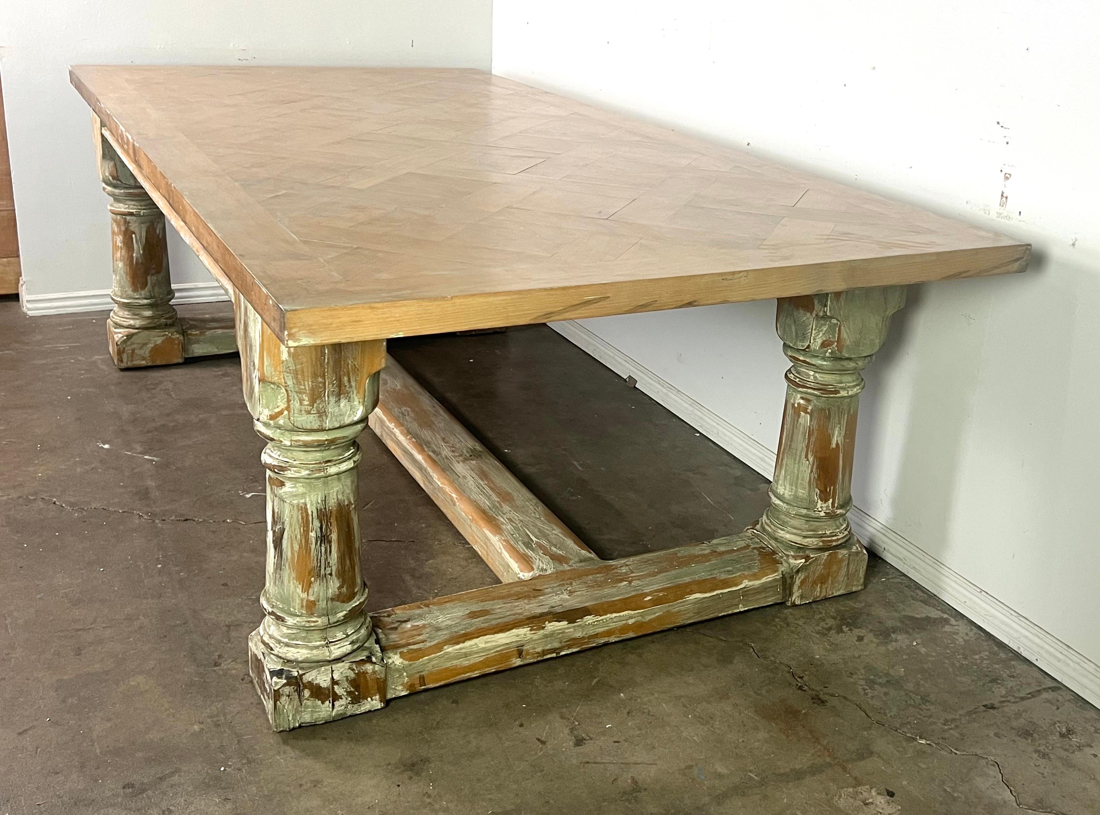 Rustic Painted Dining Table w/ Herringbone Pattern Top For Sale 6