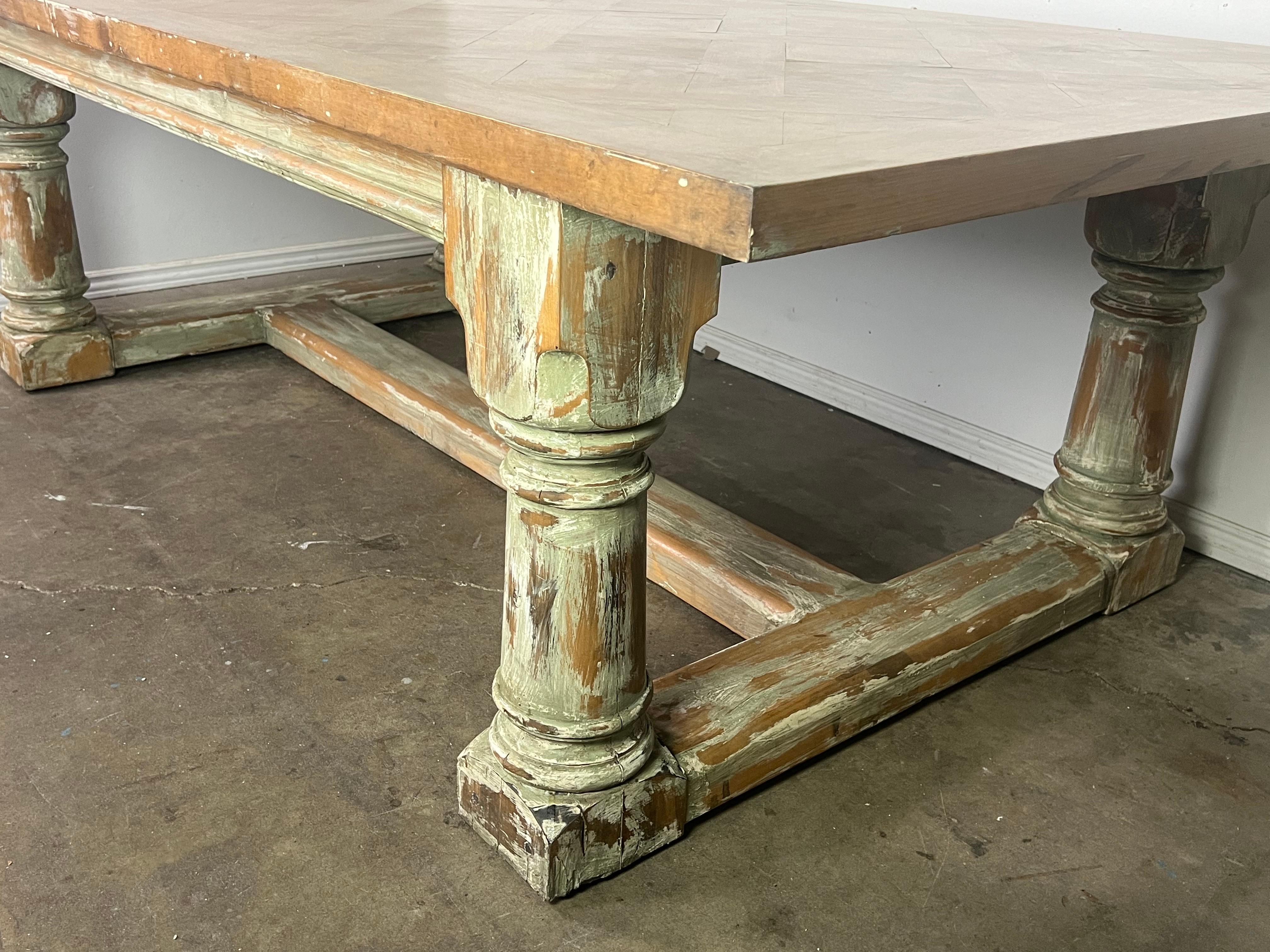 Rustic Painted Dining Table w/ Herringbone Pattern Top For Sale 7