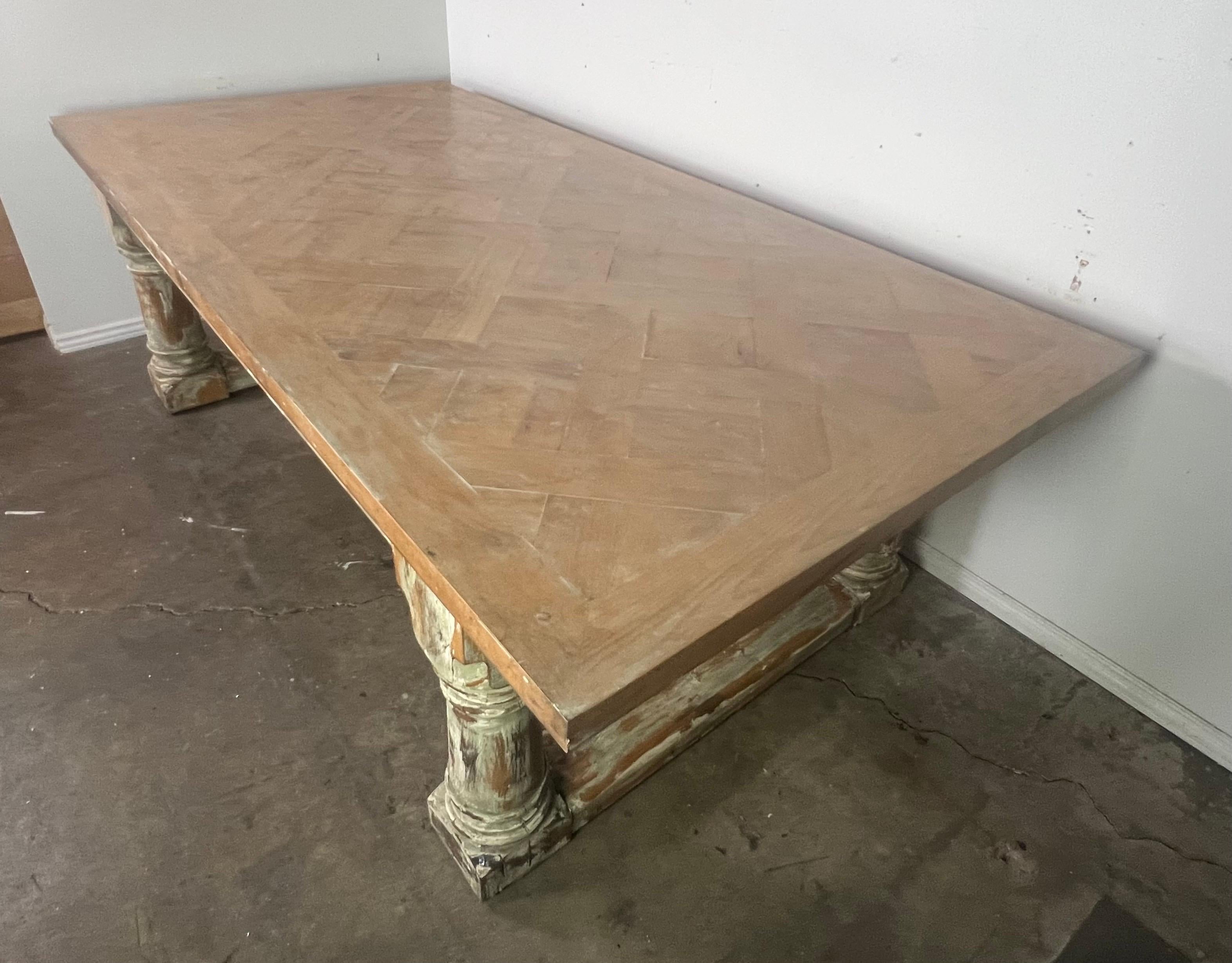 Rustic Painted Dining Table w/ Herringbone Pattern Top For Sale 8