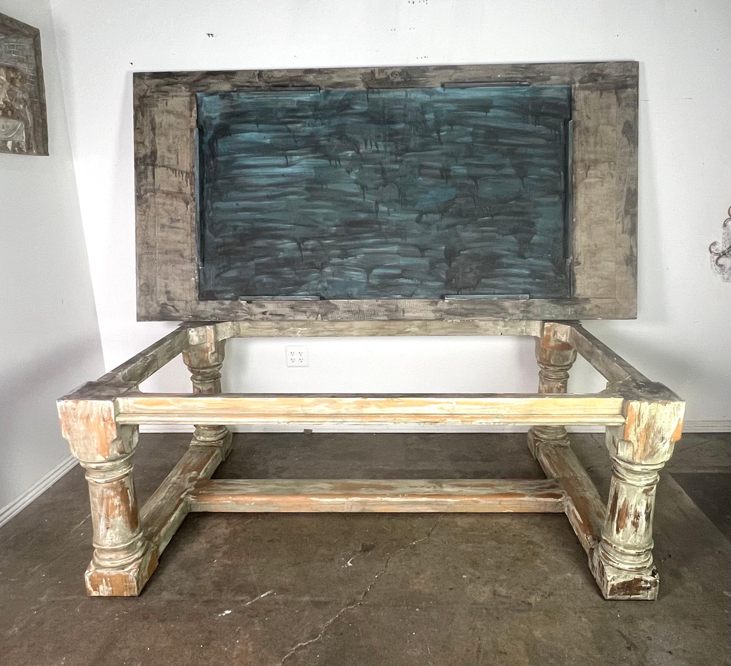 Rustic Painted Dining Table w/ Herringbone Pattern Top For Sale 10
