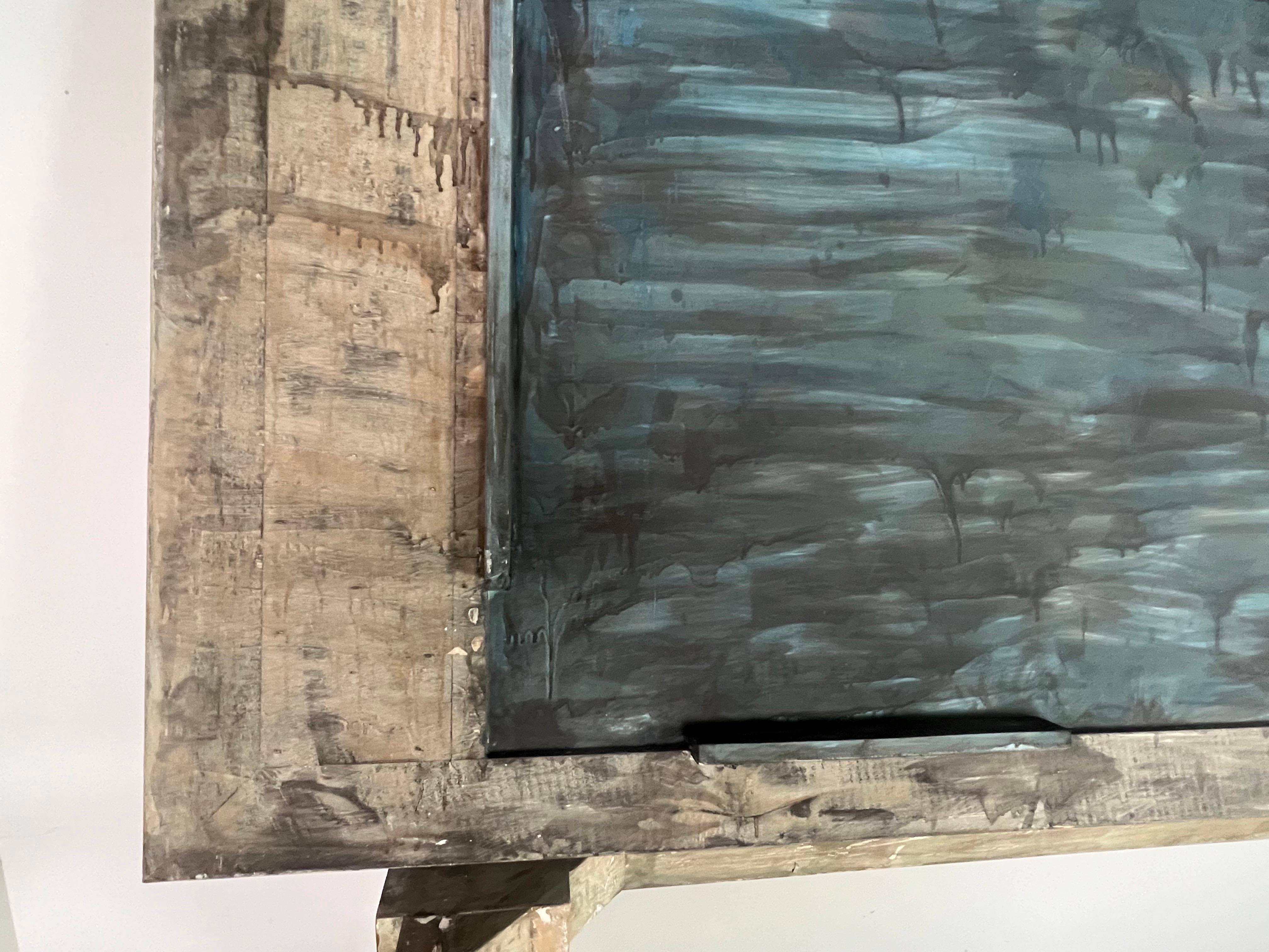 Rustic Painted Dining Table w/ Herringbone Pattern Top For Sale 11