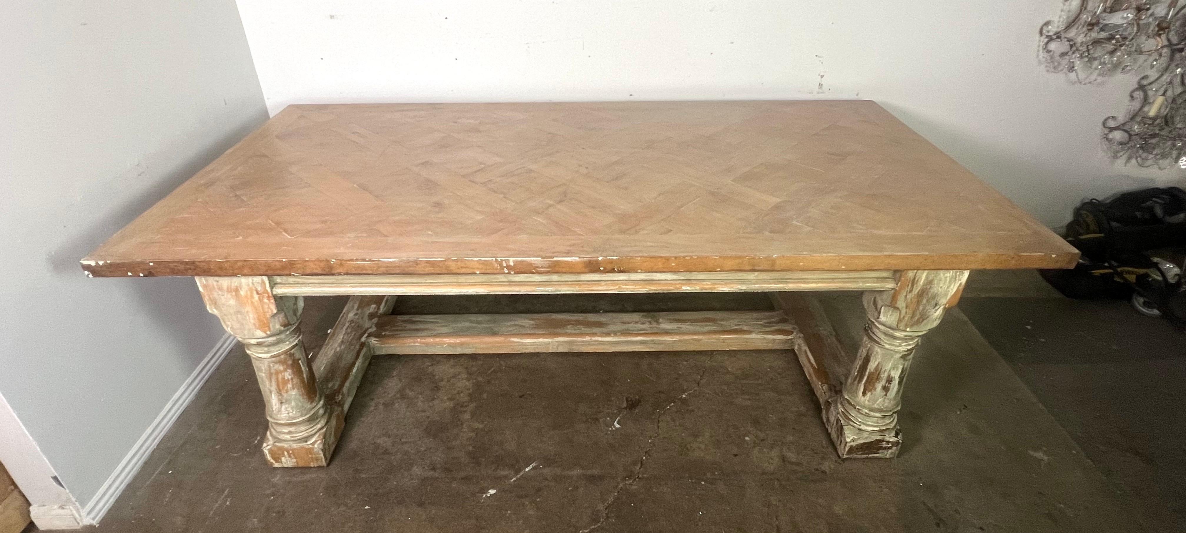 Unknown Rustic Painted Dining Table w/ Herringbone Pattern Top For Sale