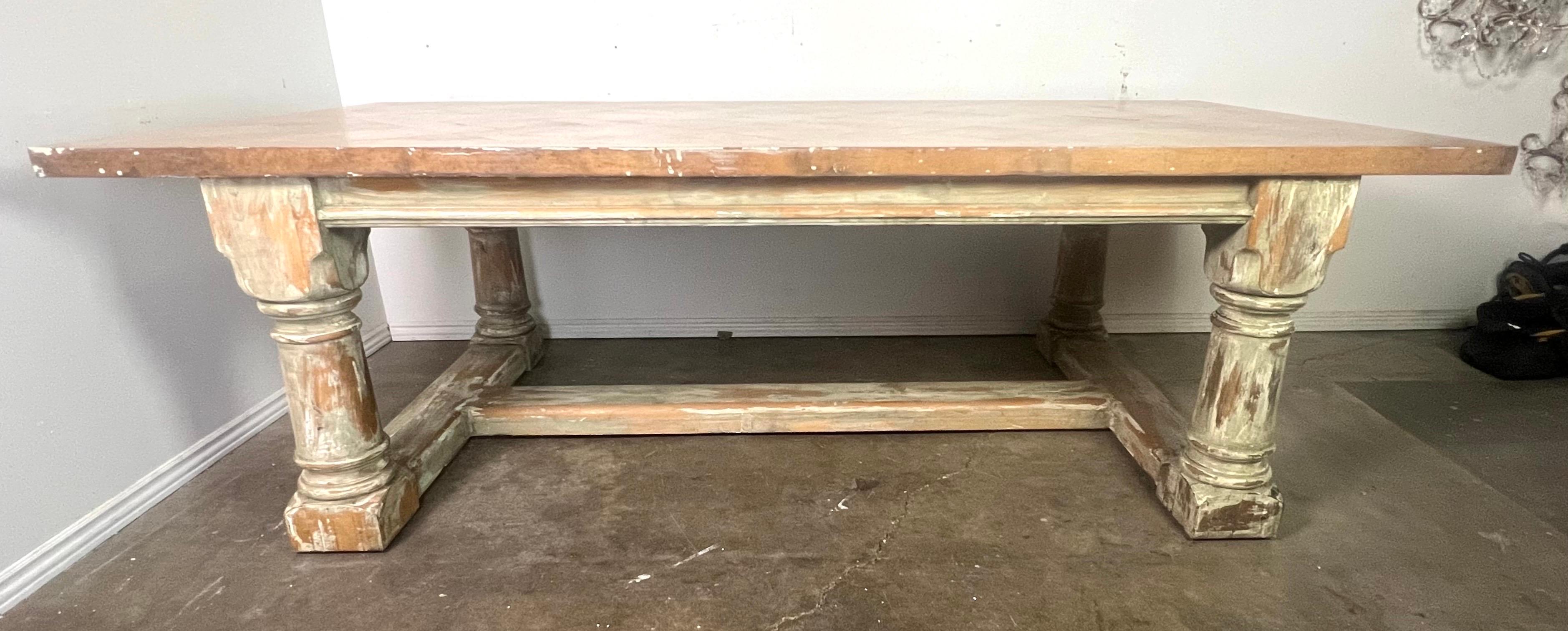 Rustic Painted Dining Table w/ Herringbone Pattern Top In Distressed Condition For Sale In Los Angeles, CA