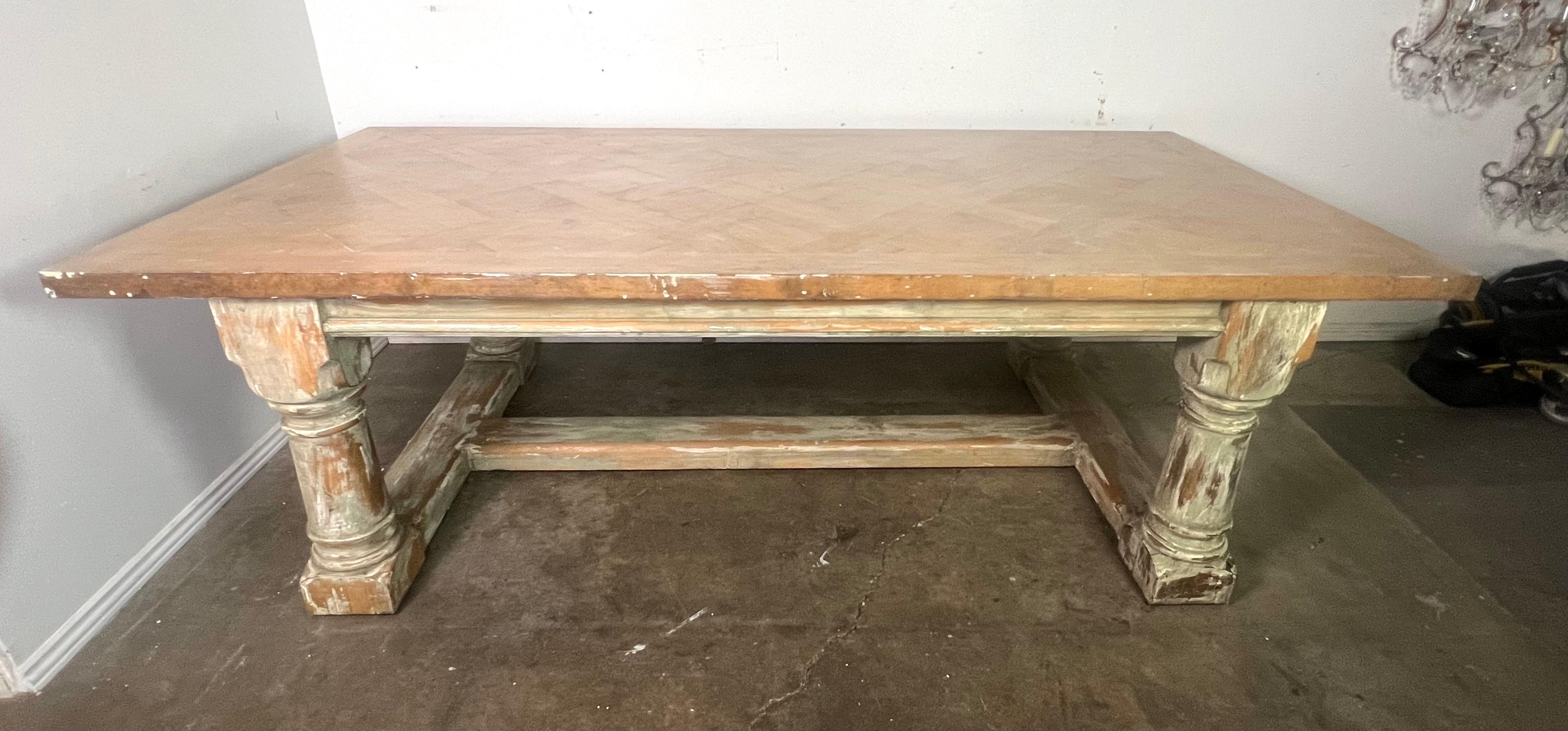 Early 20th Century Rustic Painted Dining Table w/ Herringbone Pattern Top For Sale