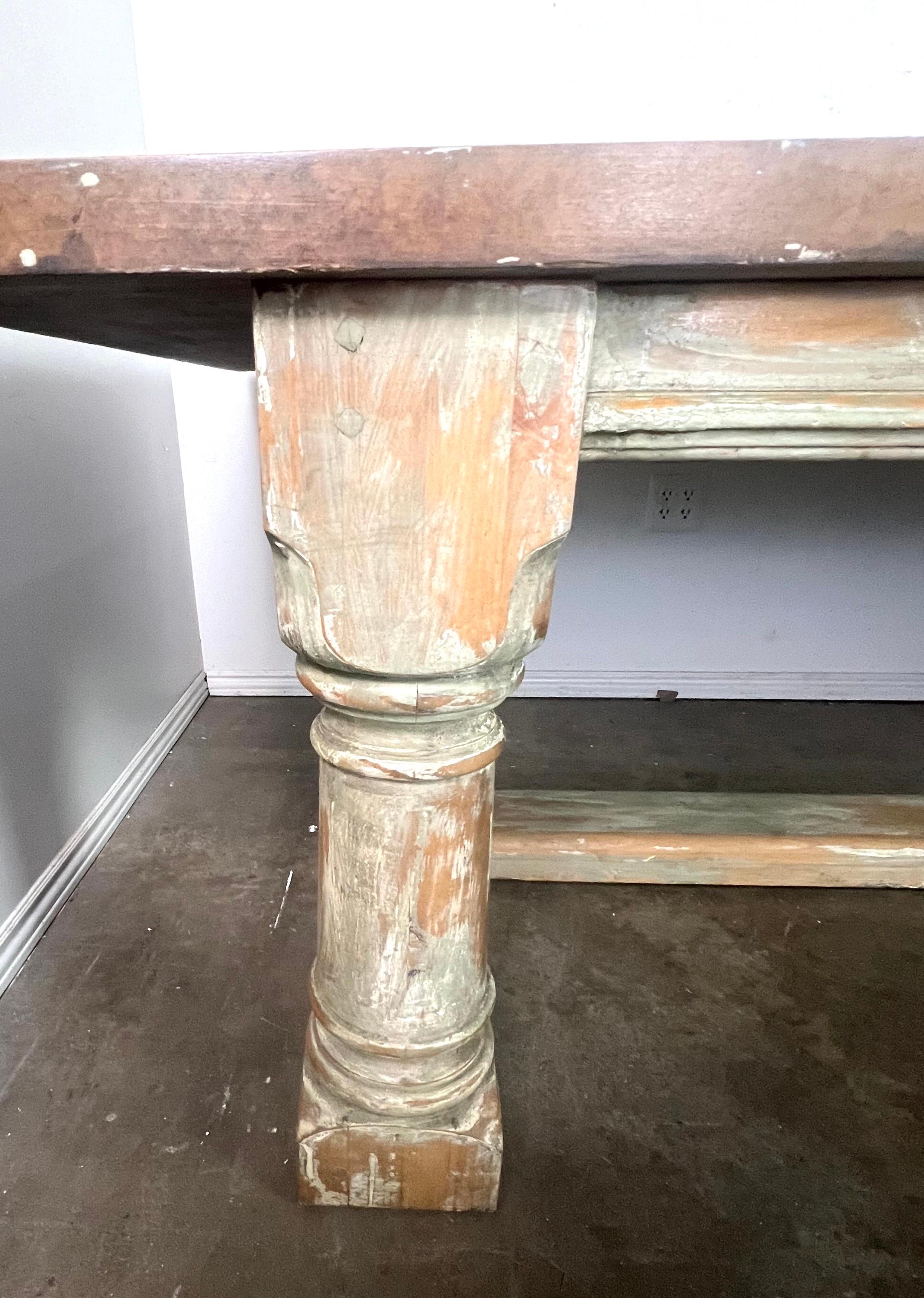 Rustic Painted Dining Table w/ Herringbone Pattern Top For Sale 1