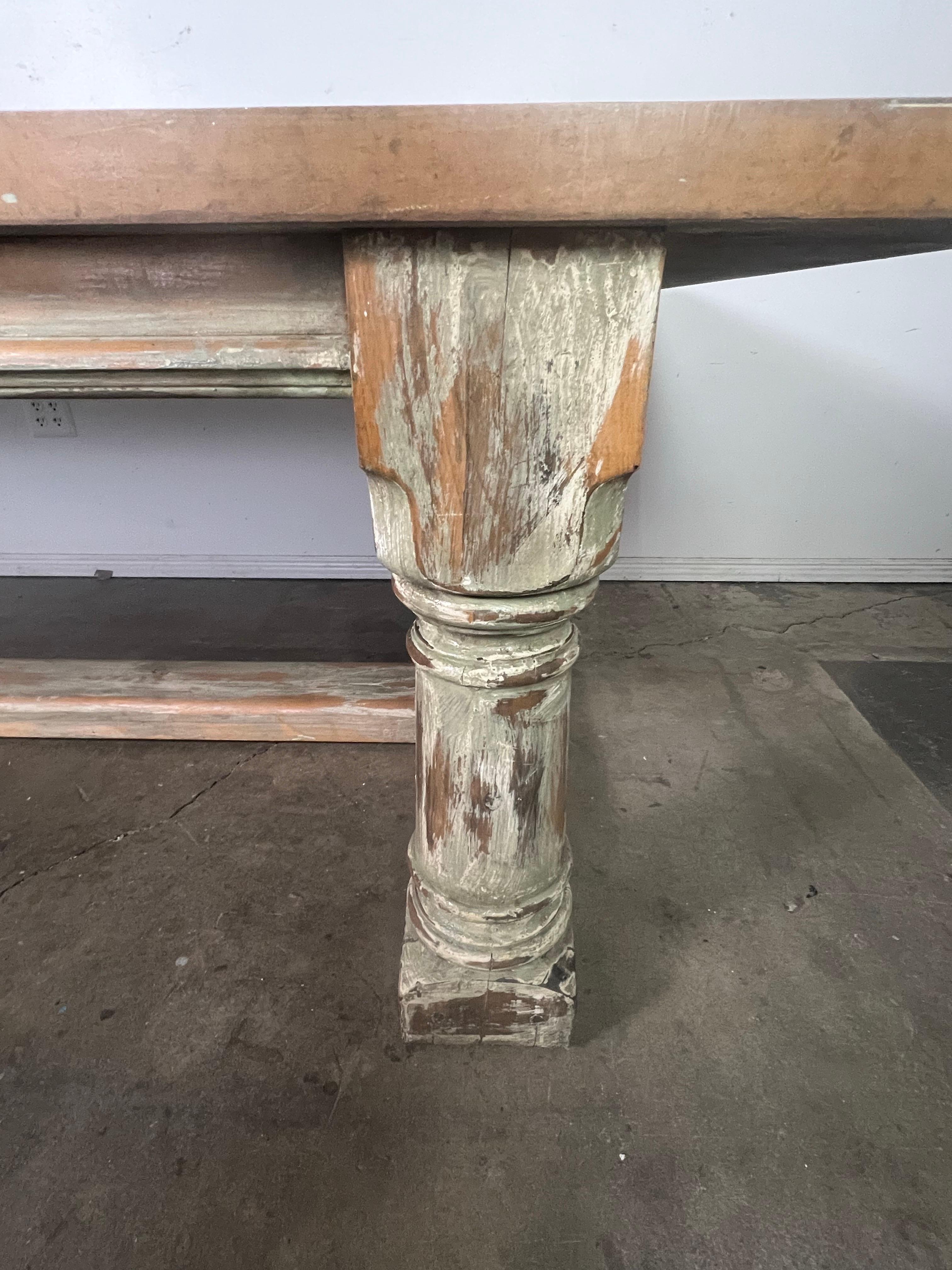 Rustic Painted Dining Table w/ Herringbone Pattern Top For Sale 3