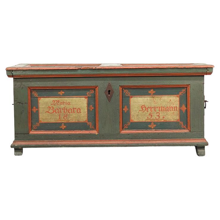 Rustic Painted Folk Art Farmhouse Bridal Chest from 1853 For Sale