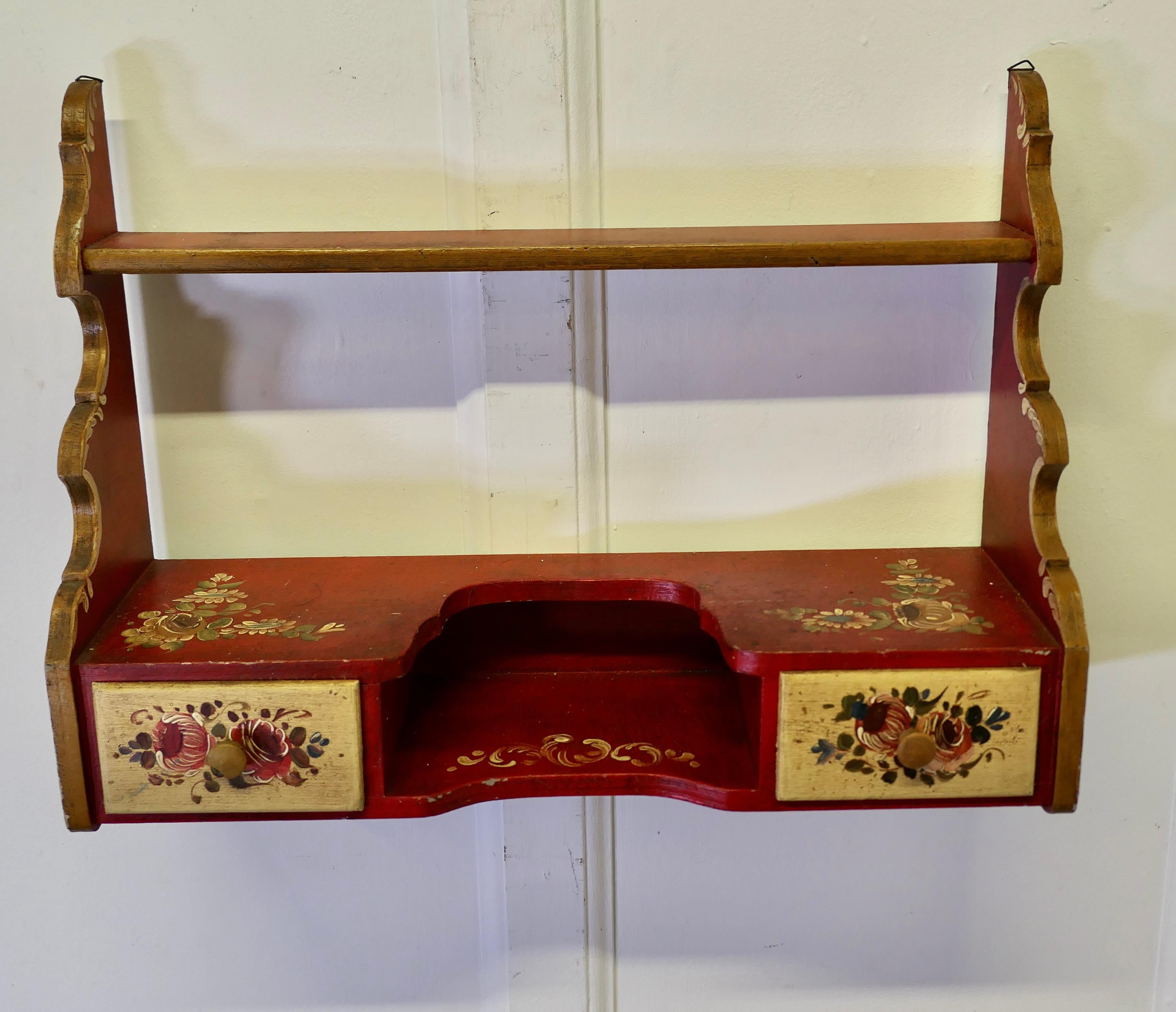 Rustic Painted Folk Art Wall Shelf with Drawers In Good Condition In Chillerton, Isle of Wight