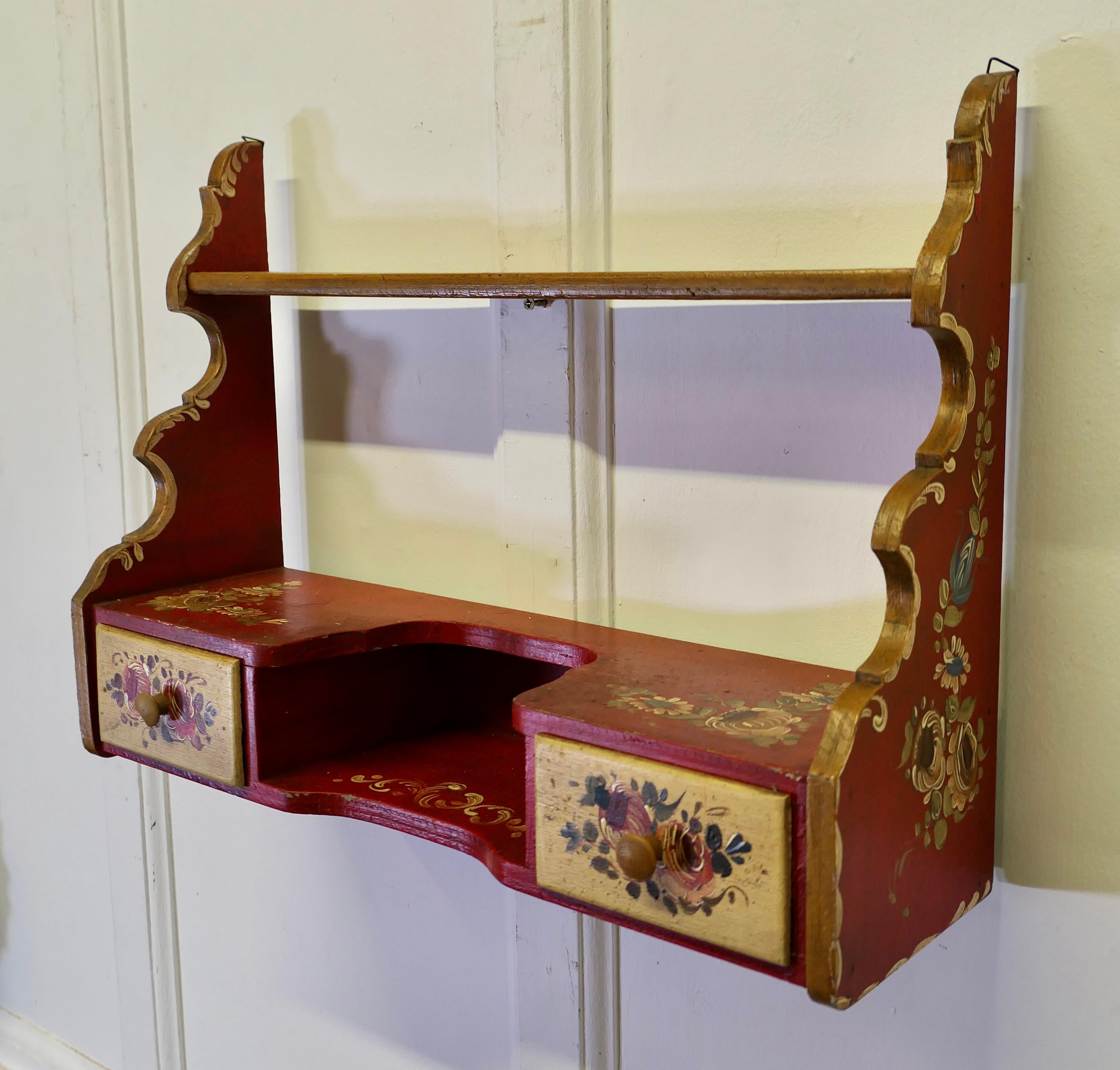 19th Century Rustic Painted Folk Art Wall Shelf with Drawers