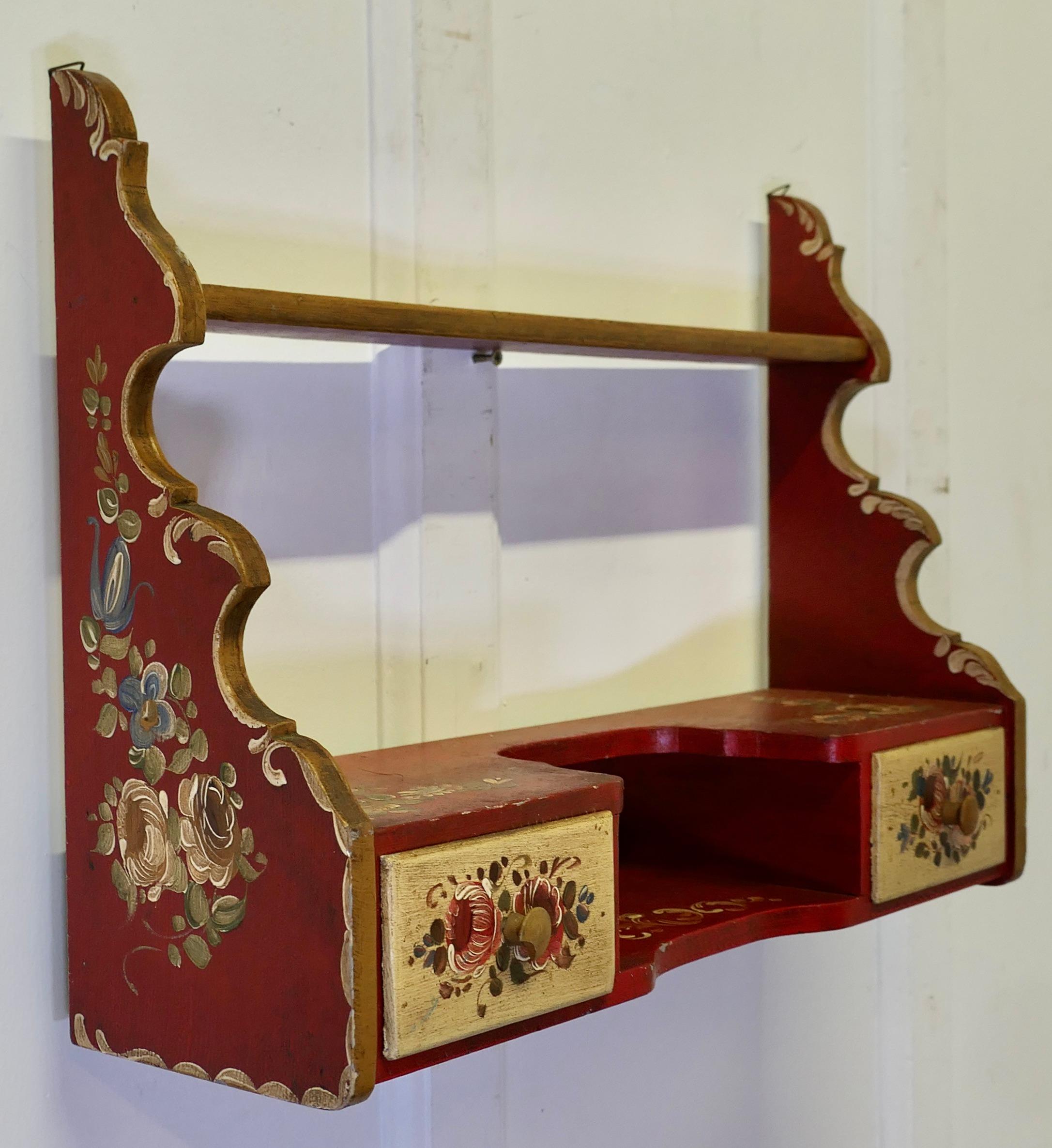 Pine Rustic Painted Folk Art Wall Shelf with Drawers For Sale
