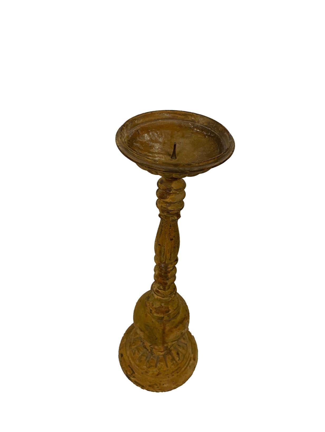 Rustic Painted Wood Candlestick In Good Condition In Sag Harbor, NY