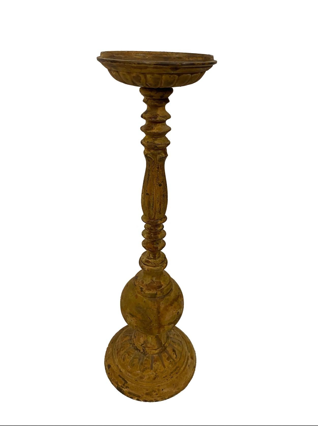 19th Century Rustic Painted Wood Candlestick