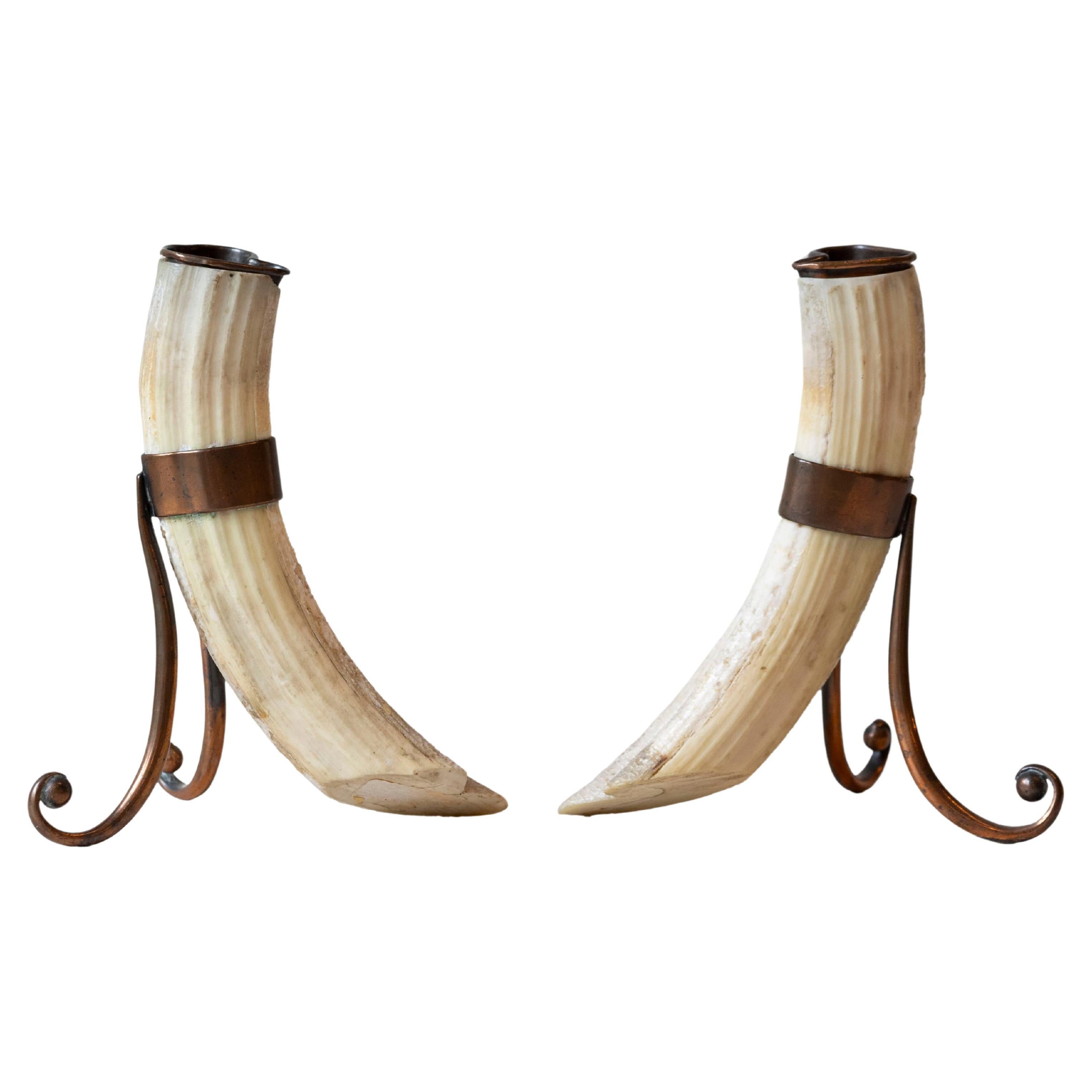 Rustic Pair of 19th Century Game Animal Horns Mounted on Scrolling Metal Stands