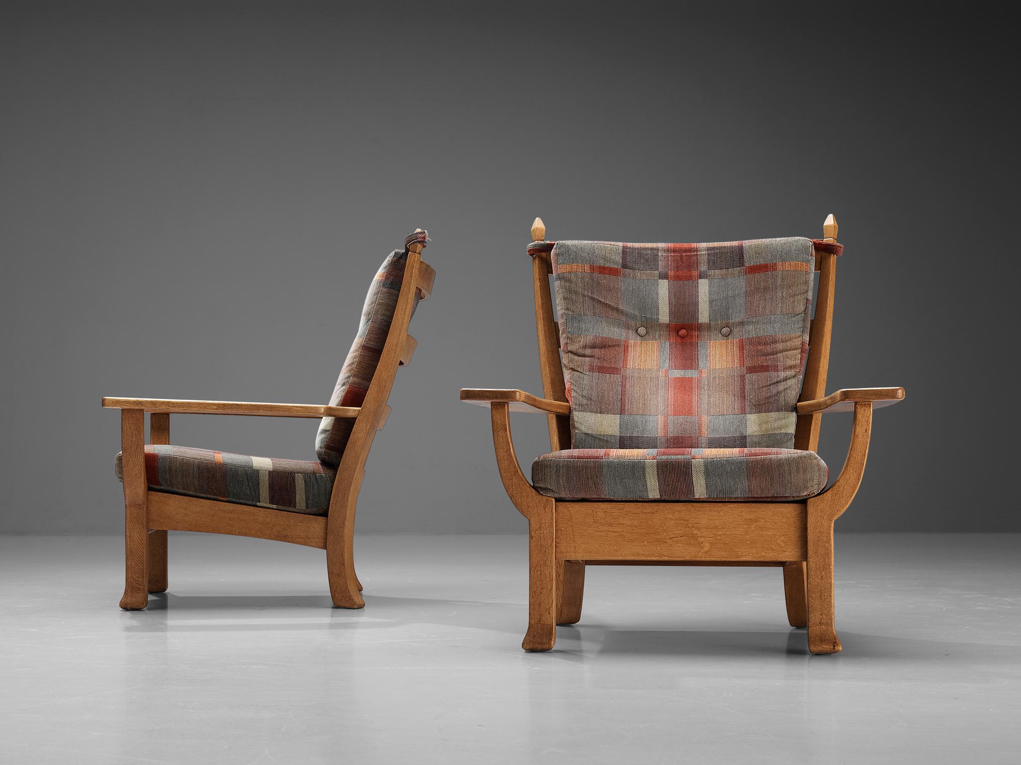 European Rustic Pair of Armchairs in Oak and Soft Colored Upholstery 