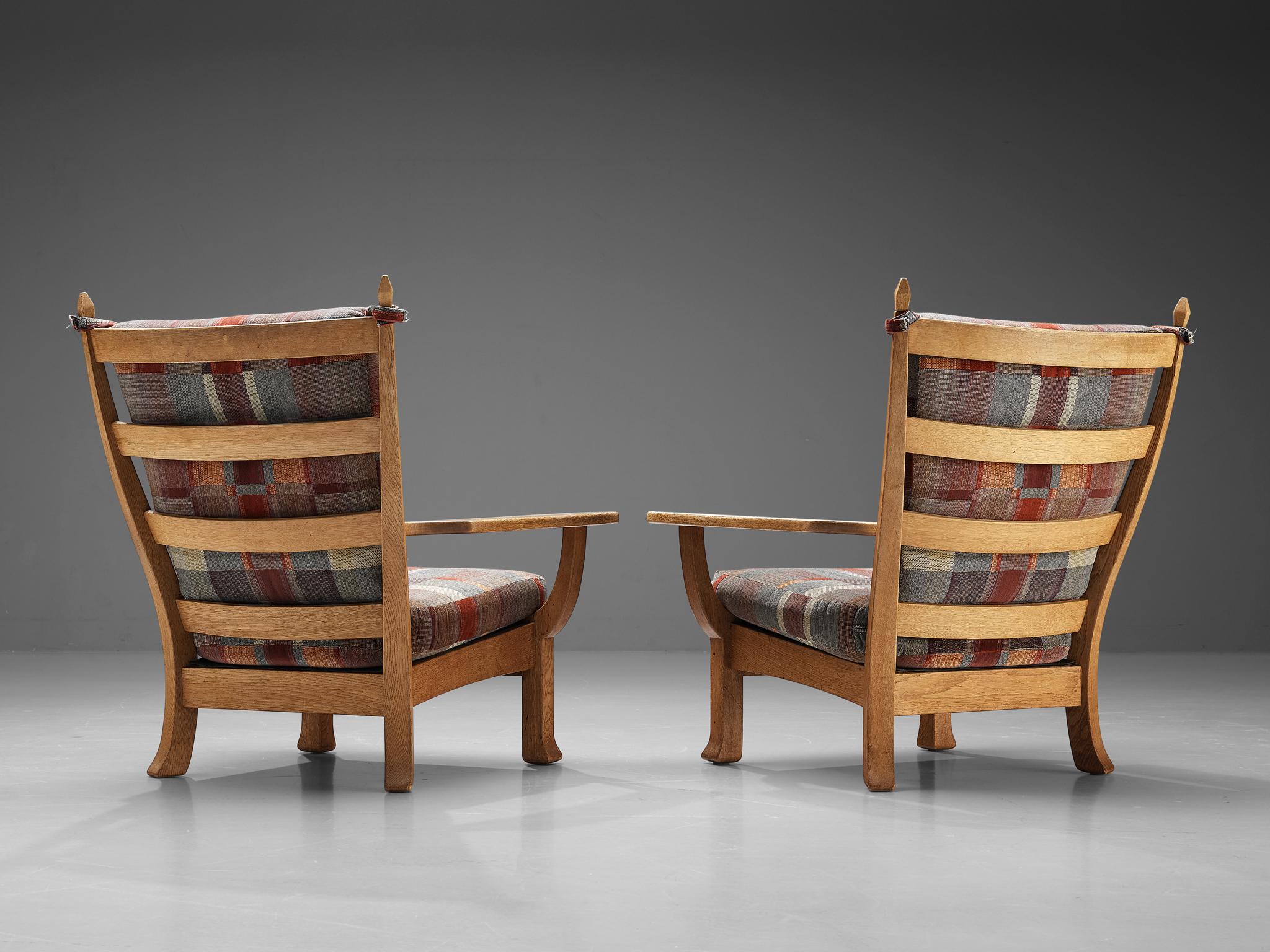 Mid-20th Century Rustic Pair of Armchairs in Oak and Soft Colored Upholstery 