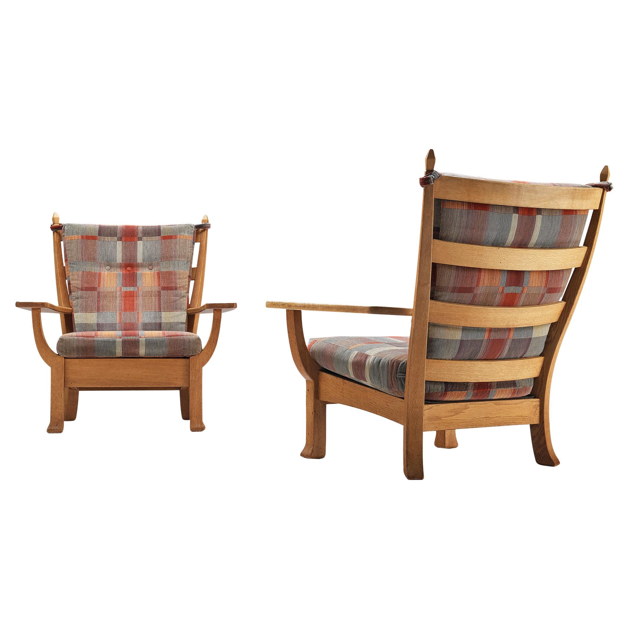 Rustic Pair of Armchairs in Oak and Soft Colored Upholstery 