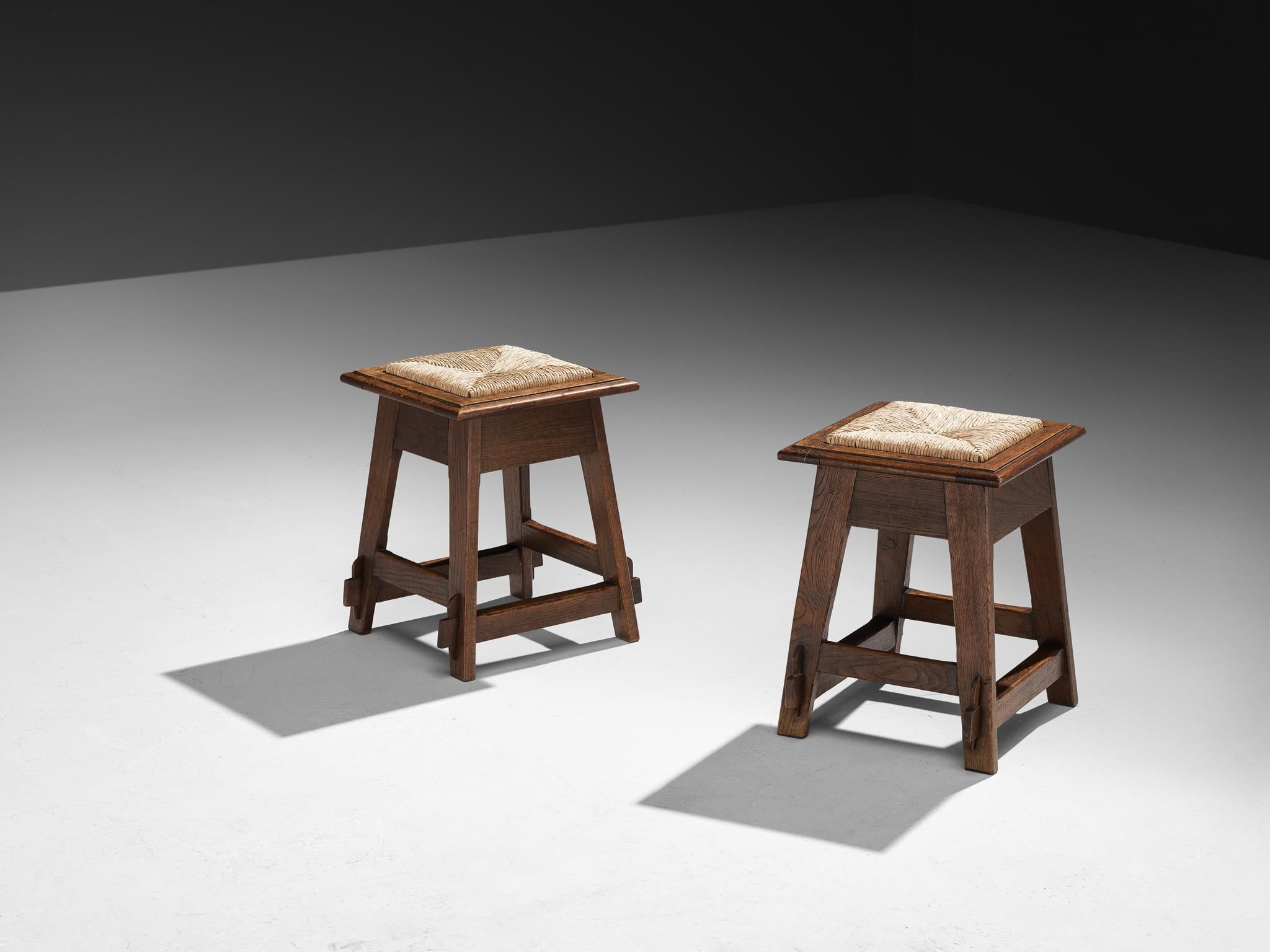 Mid-20th Century Rustic Pair of Dutch Stools in Oak and Rush For Sale