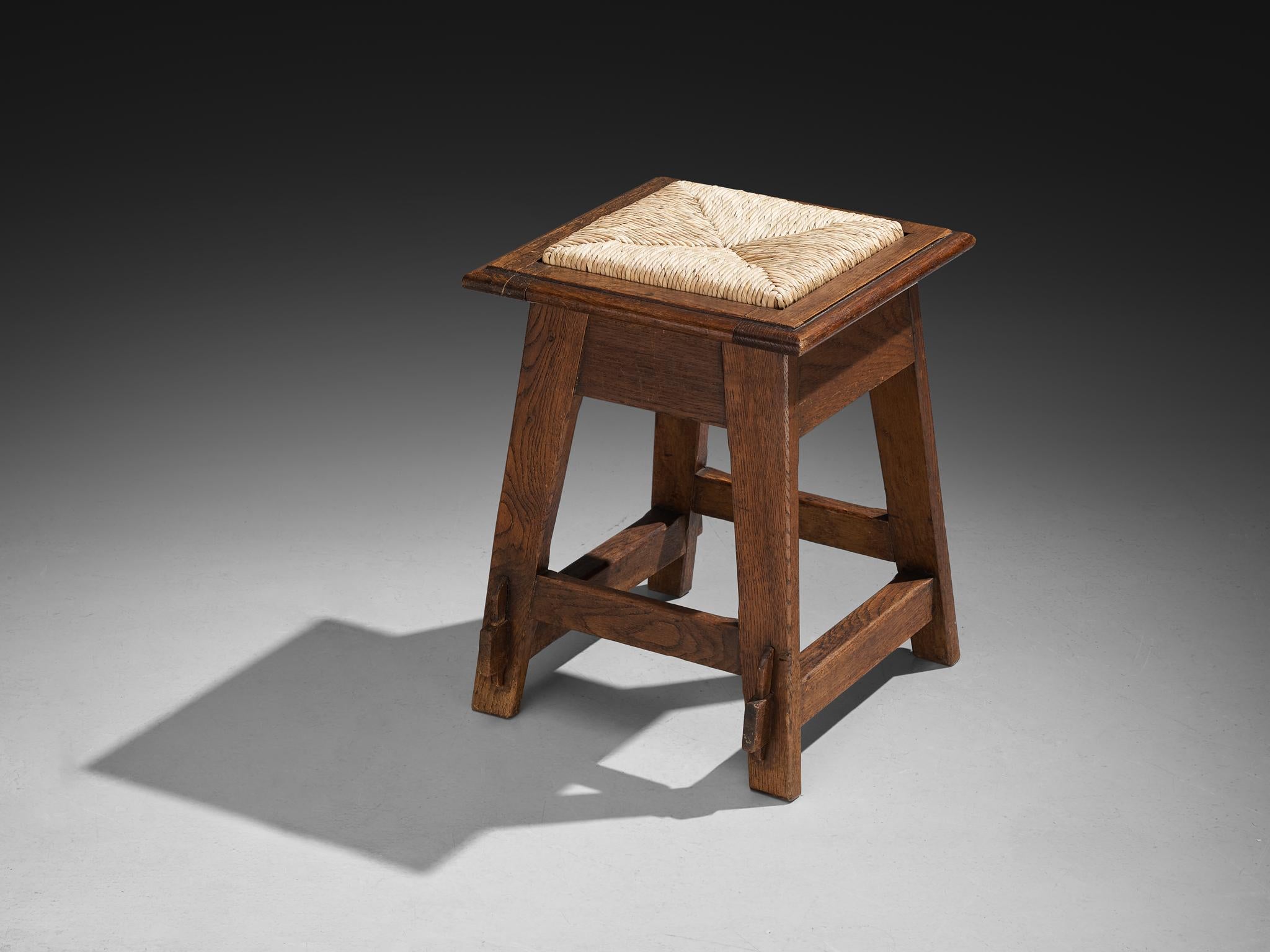 Rustic Pair of Dutch Stools in Oak and Rush For Sale 1