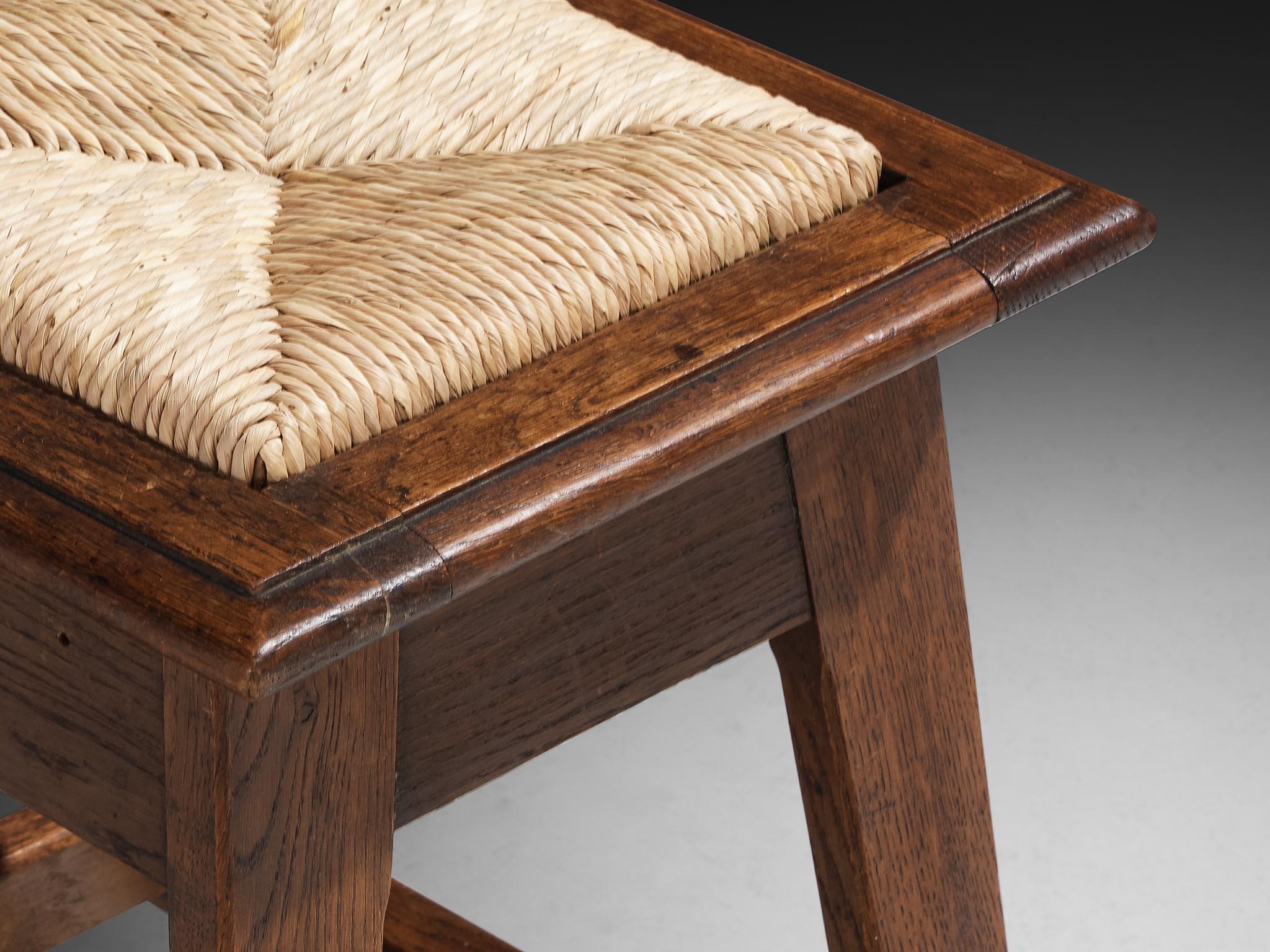 Rustic Pair of Dutch Stools in Oak and Rush For Sale 3