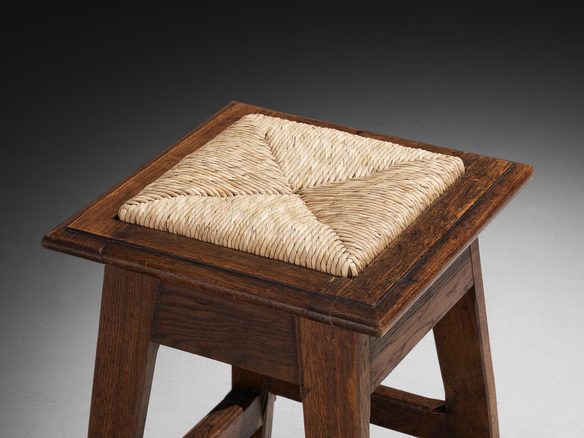 Rustic Pair of Dutch Stools in Oak and Rush For Sale 4