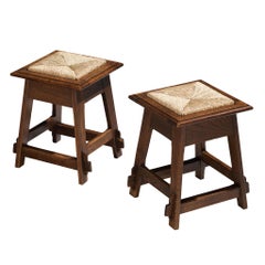 Rustic Pair of Dutch Stools in Oak and Rush