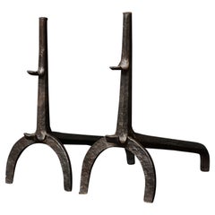 Rustic Pair of English Firedogs with a Brown Wax Finish