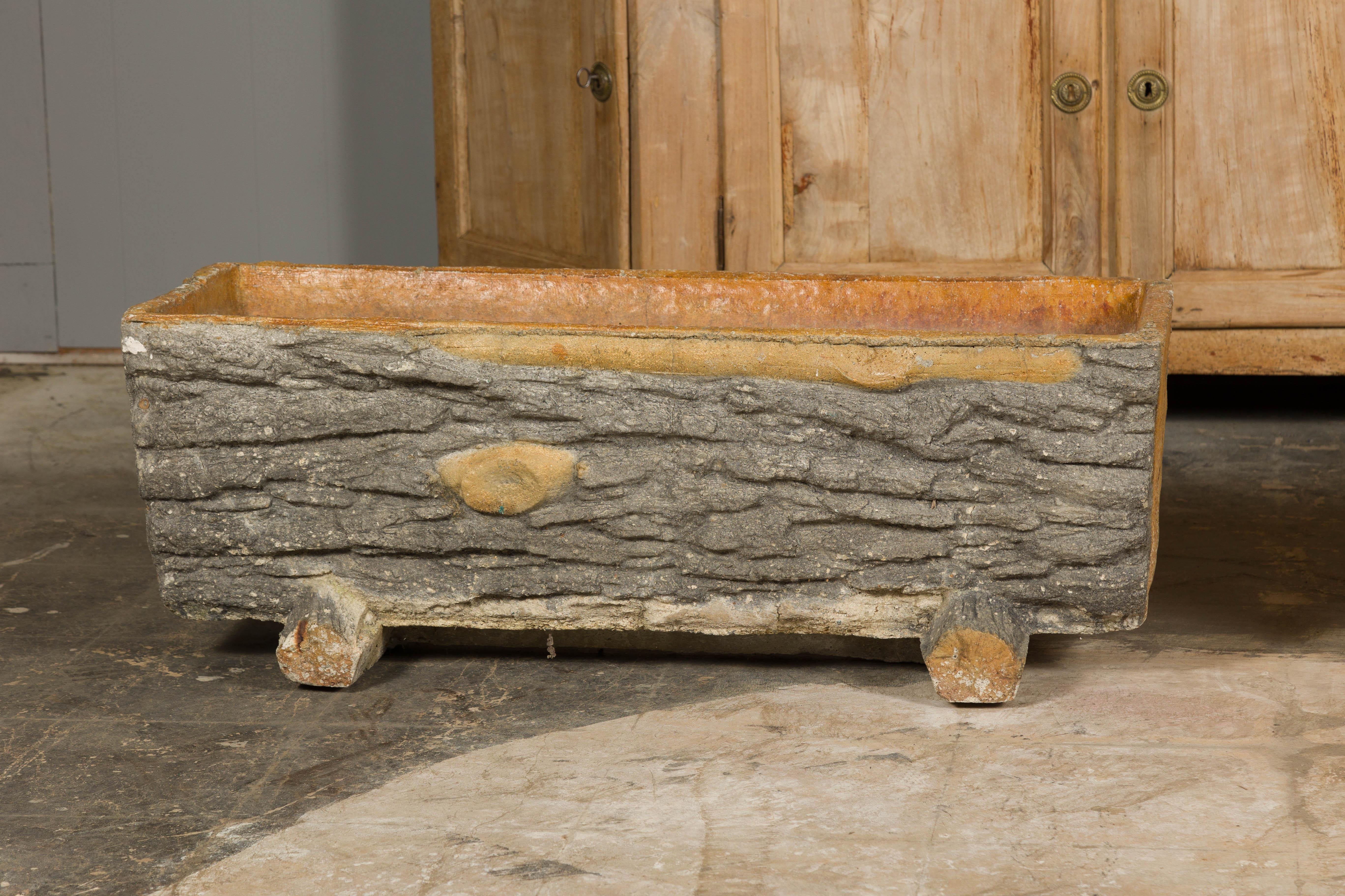 French Rustic Pair of Faux Bois Midcentury Trough Shaped Concrete Planters, circa 1930 For Sale