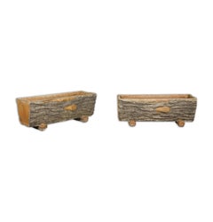 Rustic Pair of Faux Bois Midcentury Trough Shaped Concrete Planters