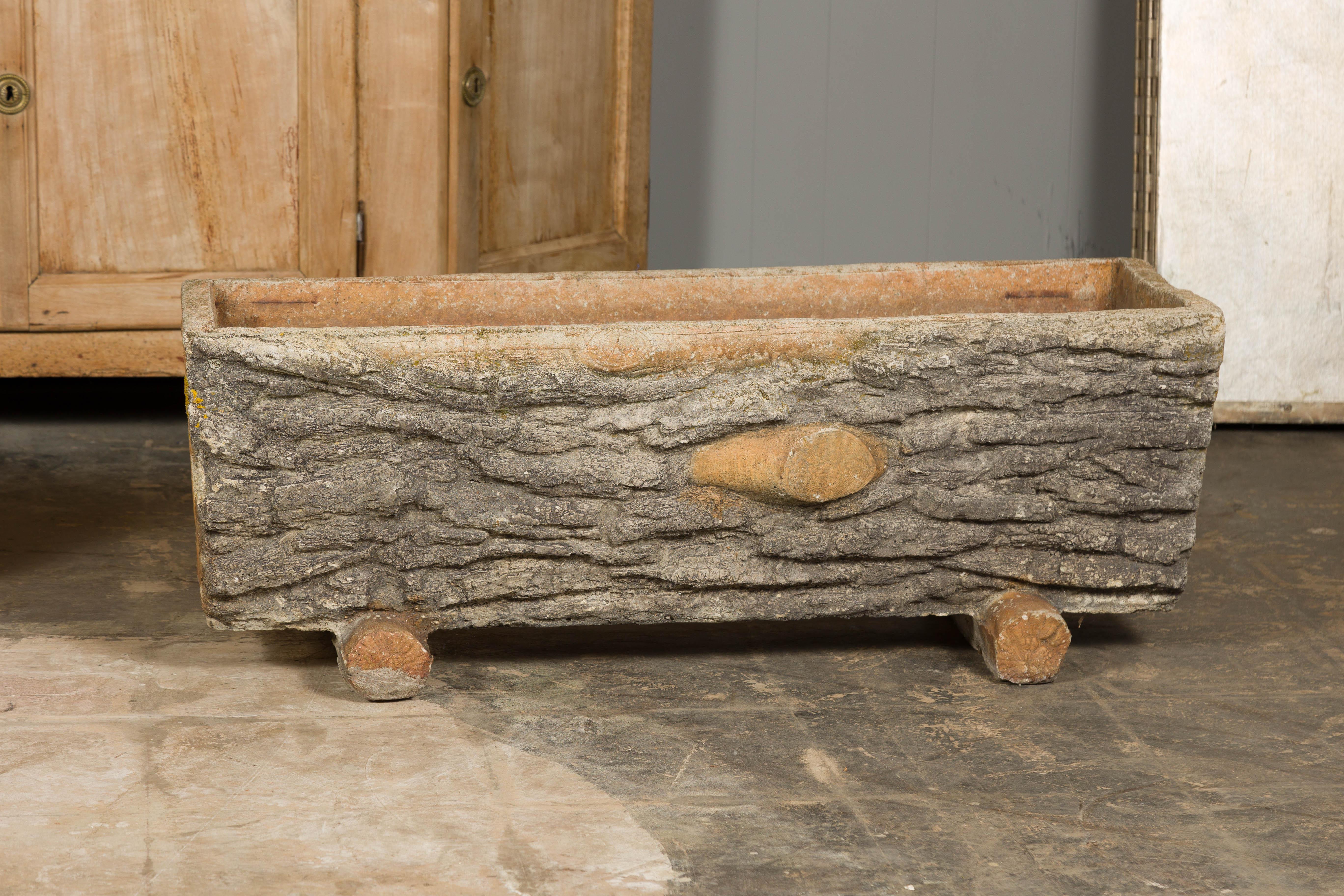 Rustic Pair of Faux Bois Midcentury Trough Shaped Concrete Planters In Good Condition For Sale In Atlanta, GA