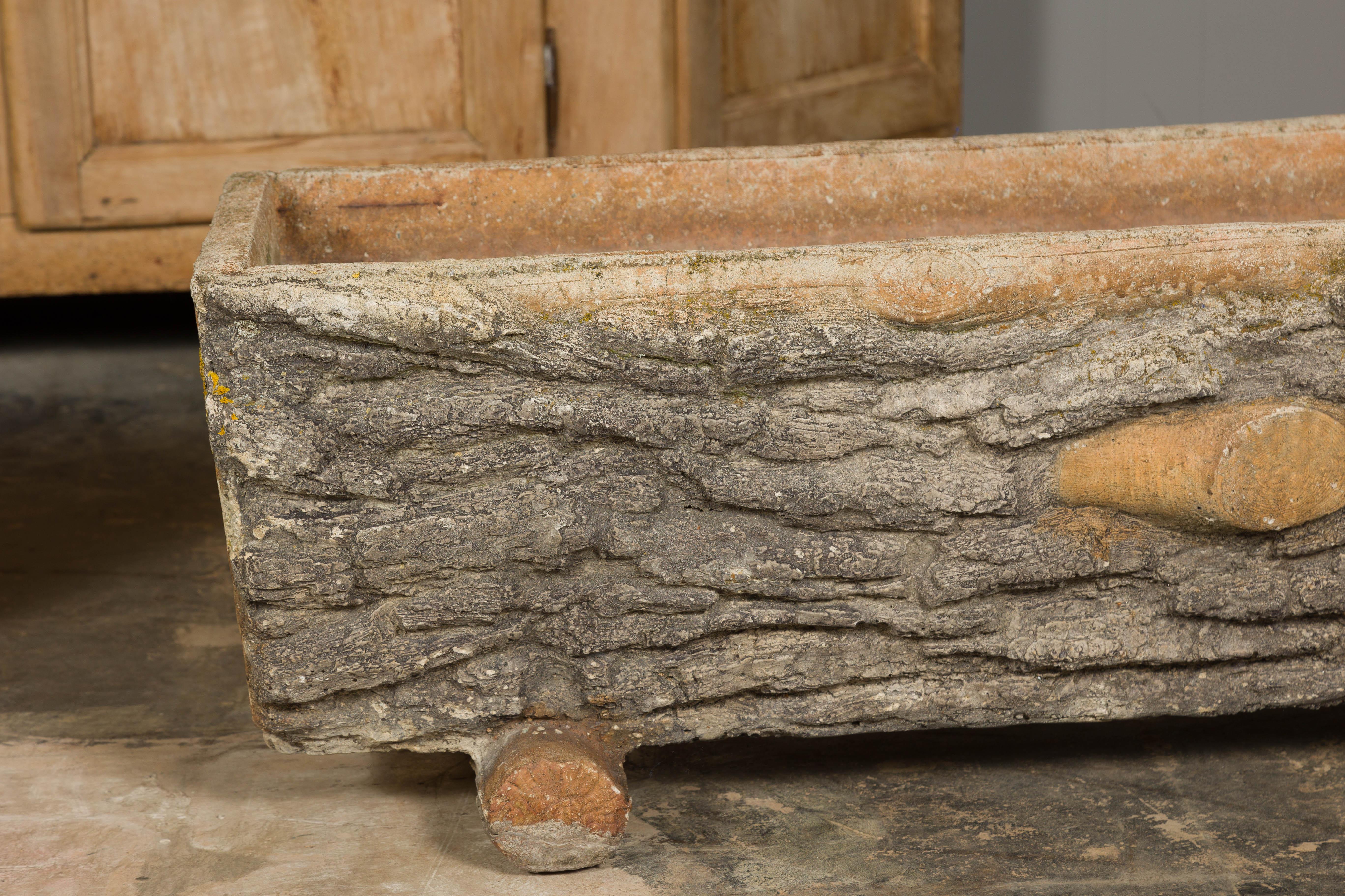 Rustic Pair of Faux Bois Midcentury Trough Shaped Concrete Planters For Sale 1