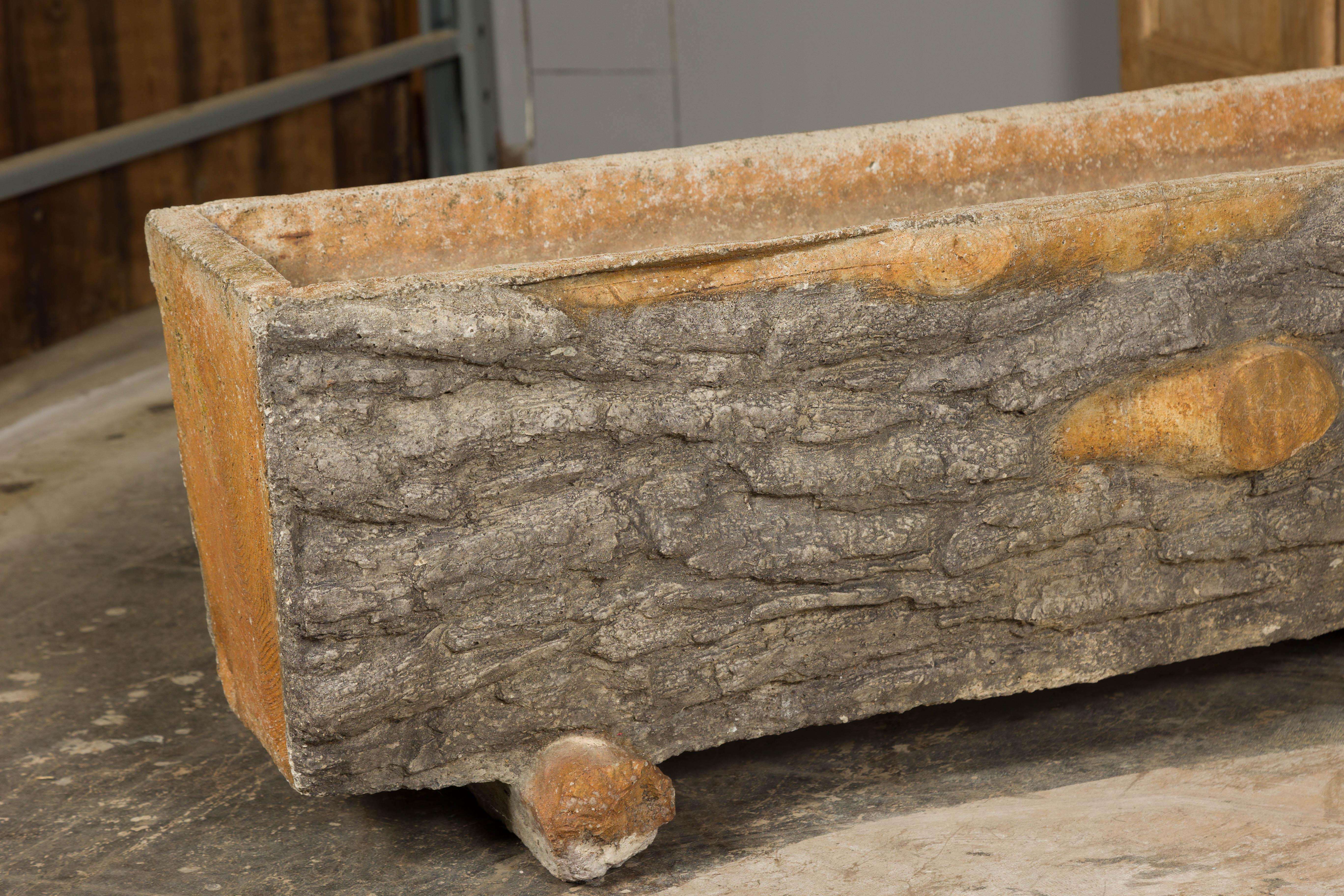 Rustic Pair of Faux Bois Midcentury Trough Shaped Concrete Planters For Sale 3