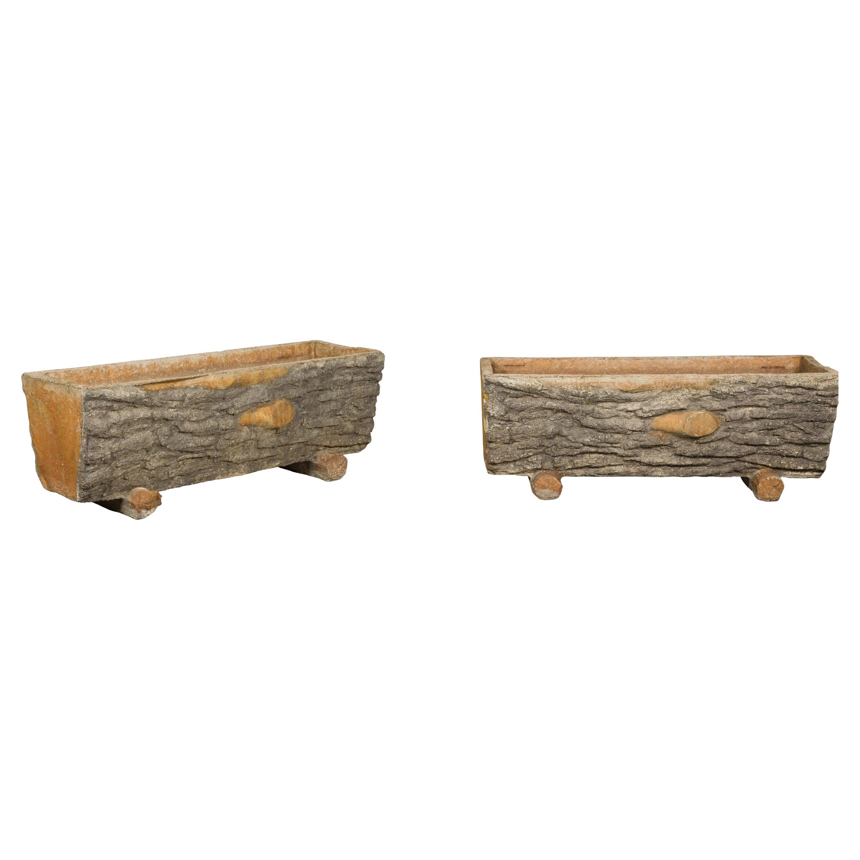 Rustic Pair of Faux Bois Midcentury Trough Shaped Concrete Planters